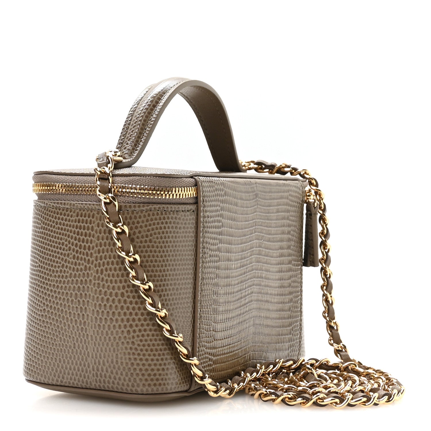 Calfskin Lizard Embossed Top Handle Vanity With Chain Dark Khaki — view 4