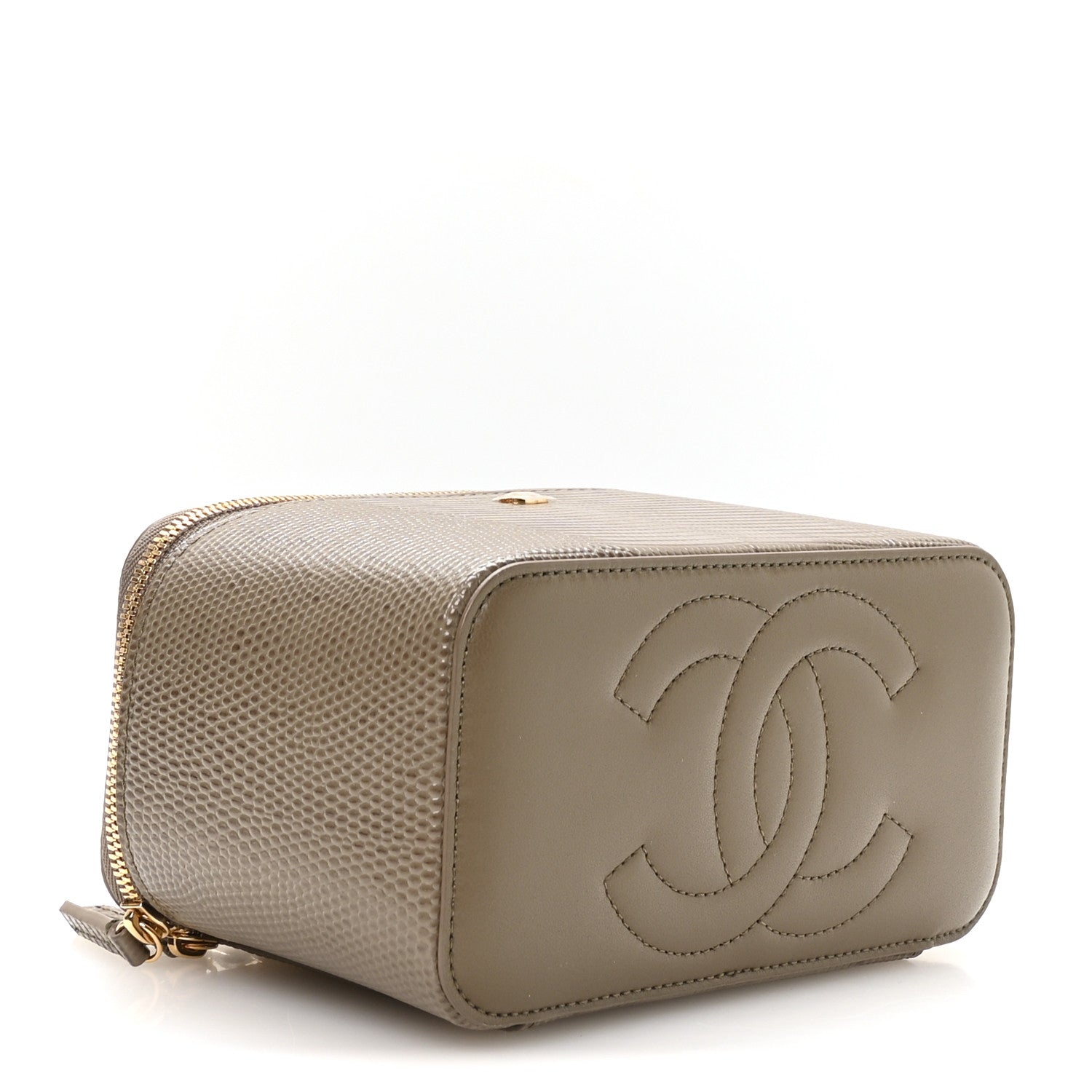 Calfskin Lizard Embossed Top Handle Vanity With Chain Dark Khaki — view 5
