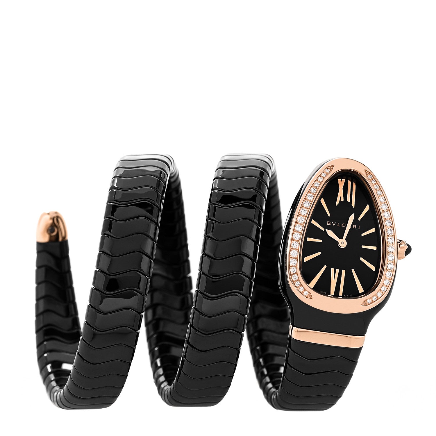 18K Rose Gold Ceramic Diamond Bezel 35mm Serpenti Tubogas Double Spiral Quartz Watch Black