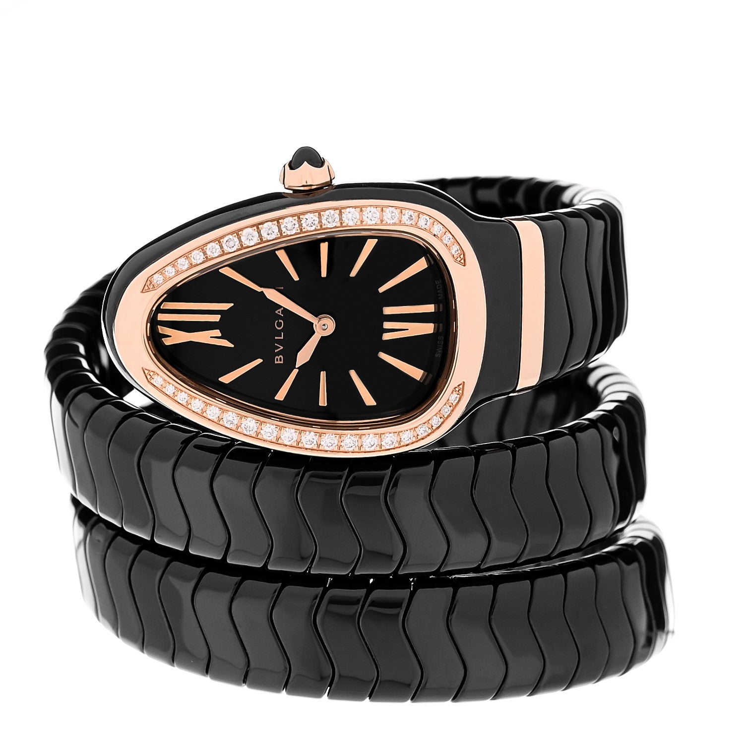 18K Rose Gold Ceramic Diamond Bezel 35mm Serpenti Tubogas Double Spiral Quartz Watch Black — view 2