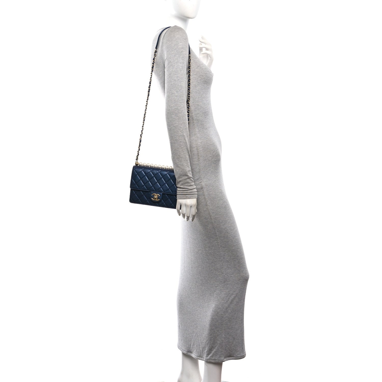 Iridescent Lambskin Quilted Small Chic Pearls Flap Blue — view 2