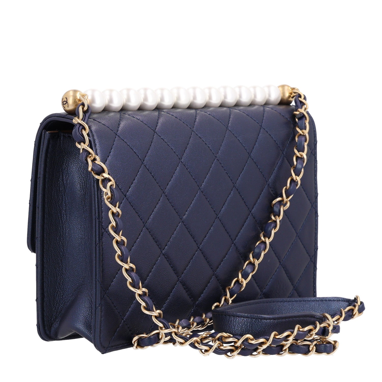 Iridescent Lambskin Quilted Small Chic Pearls Flap Blue — view 3