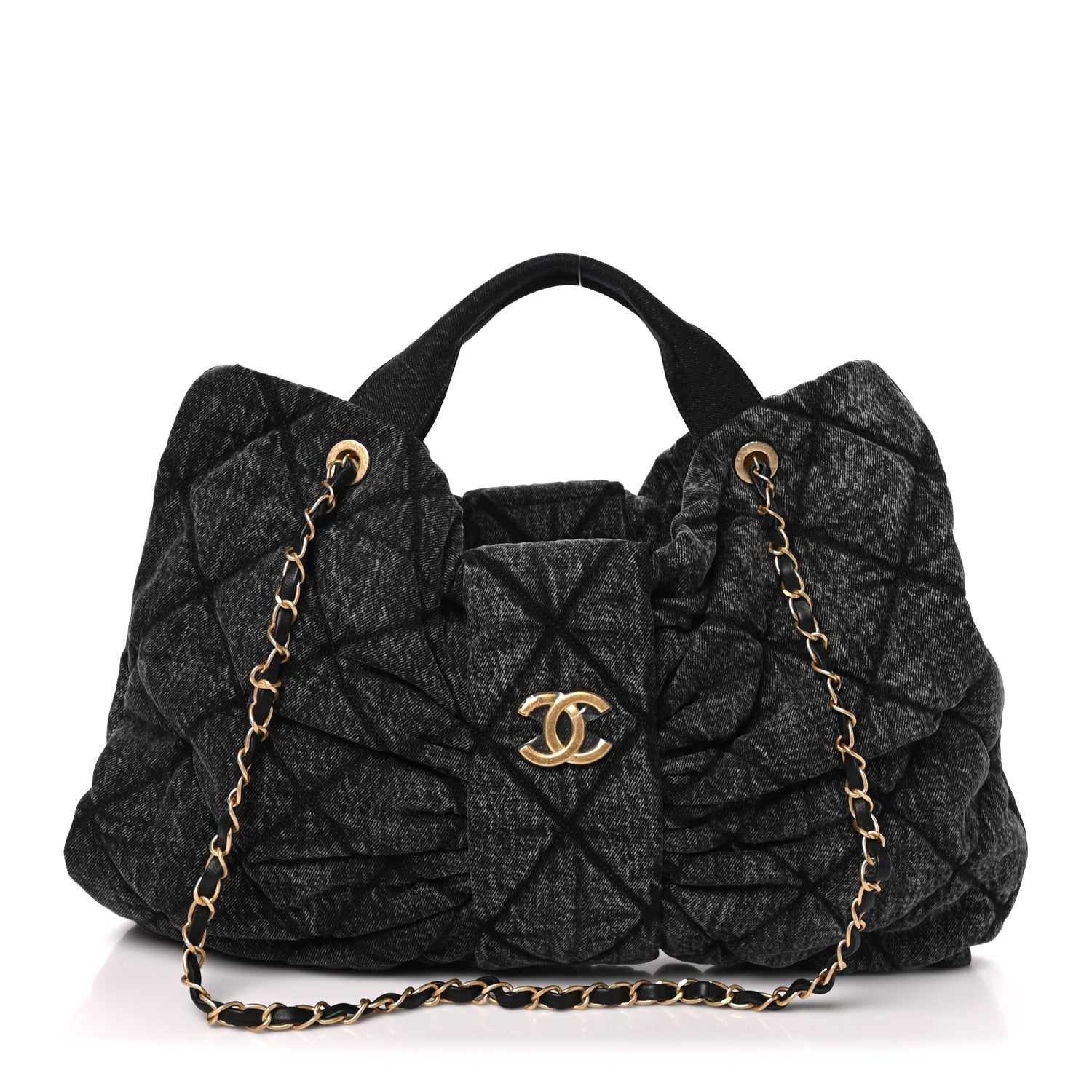 Washed Denim Quilted Maxi Bow Bag Black