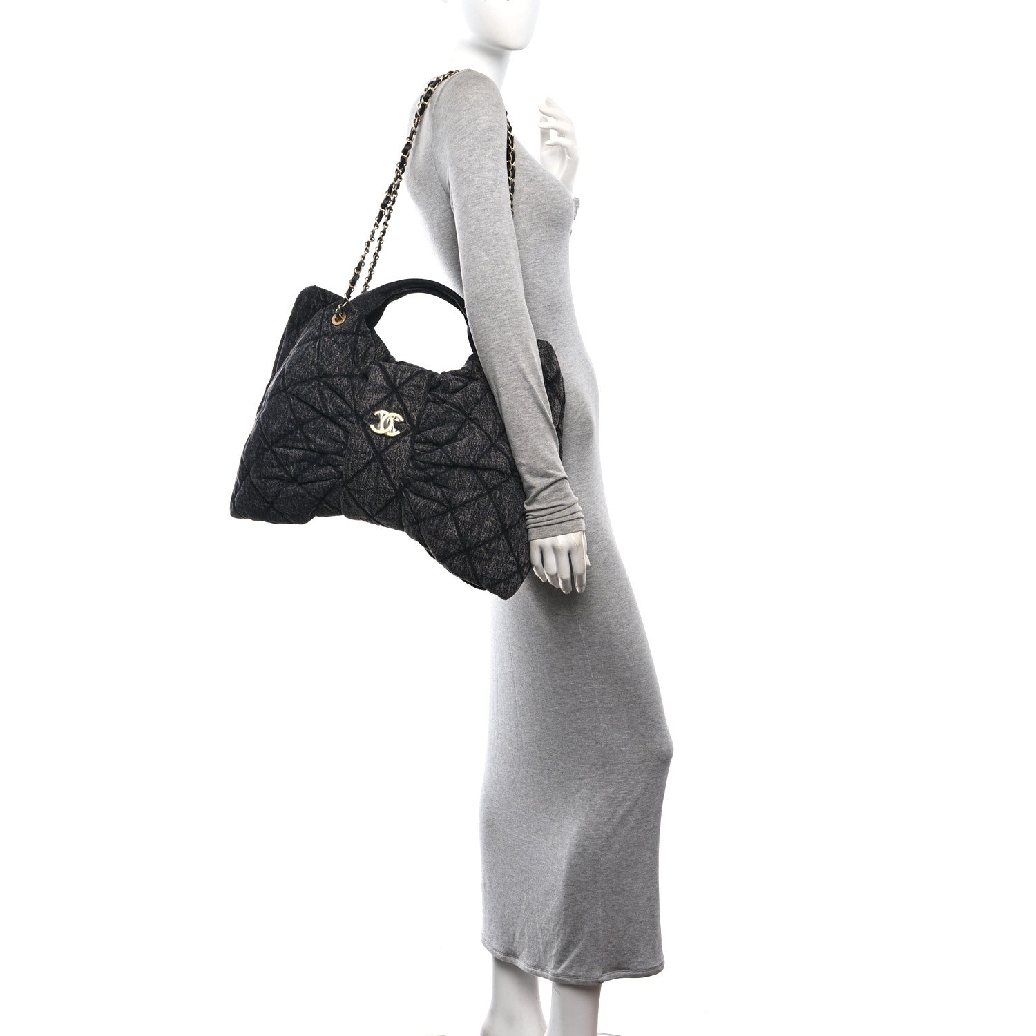Washed Denim Quilted Maxi Bow Bag Black — view 2