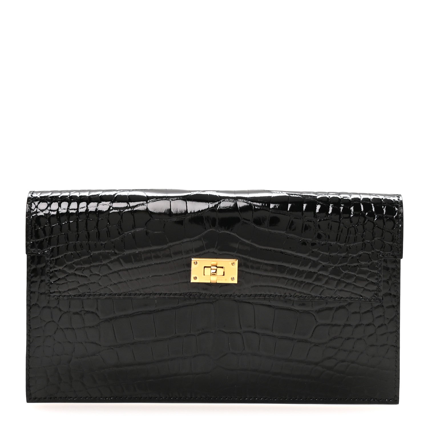 Shiny Alligator Kelly Pocket Long Wallet Black