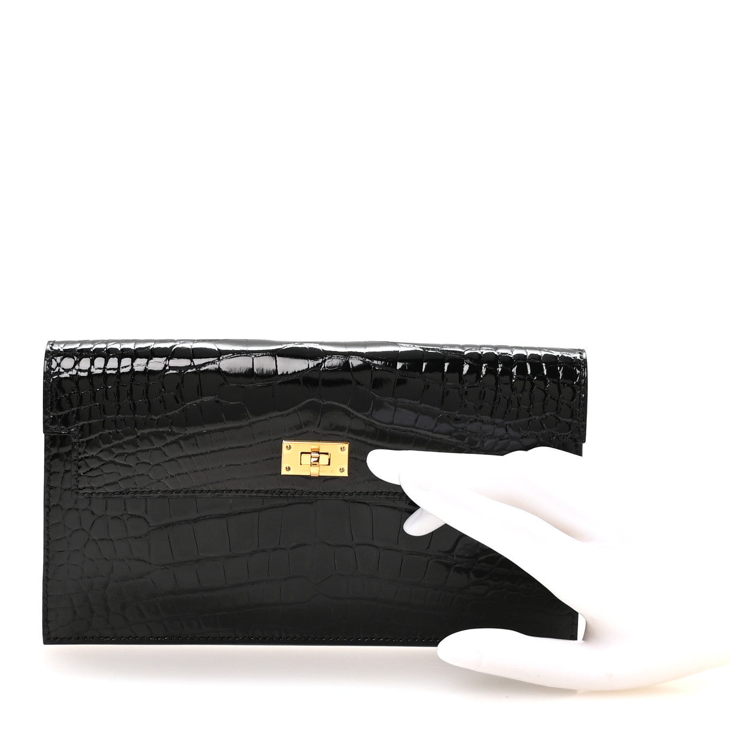 Shiny Alligator Kelly Pocket Long Wallet Black — view 2