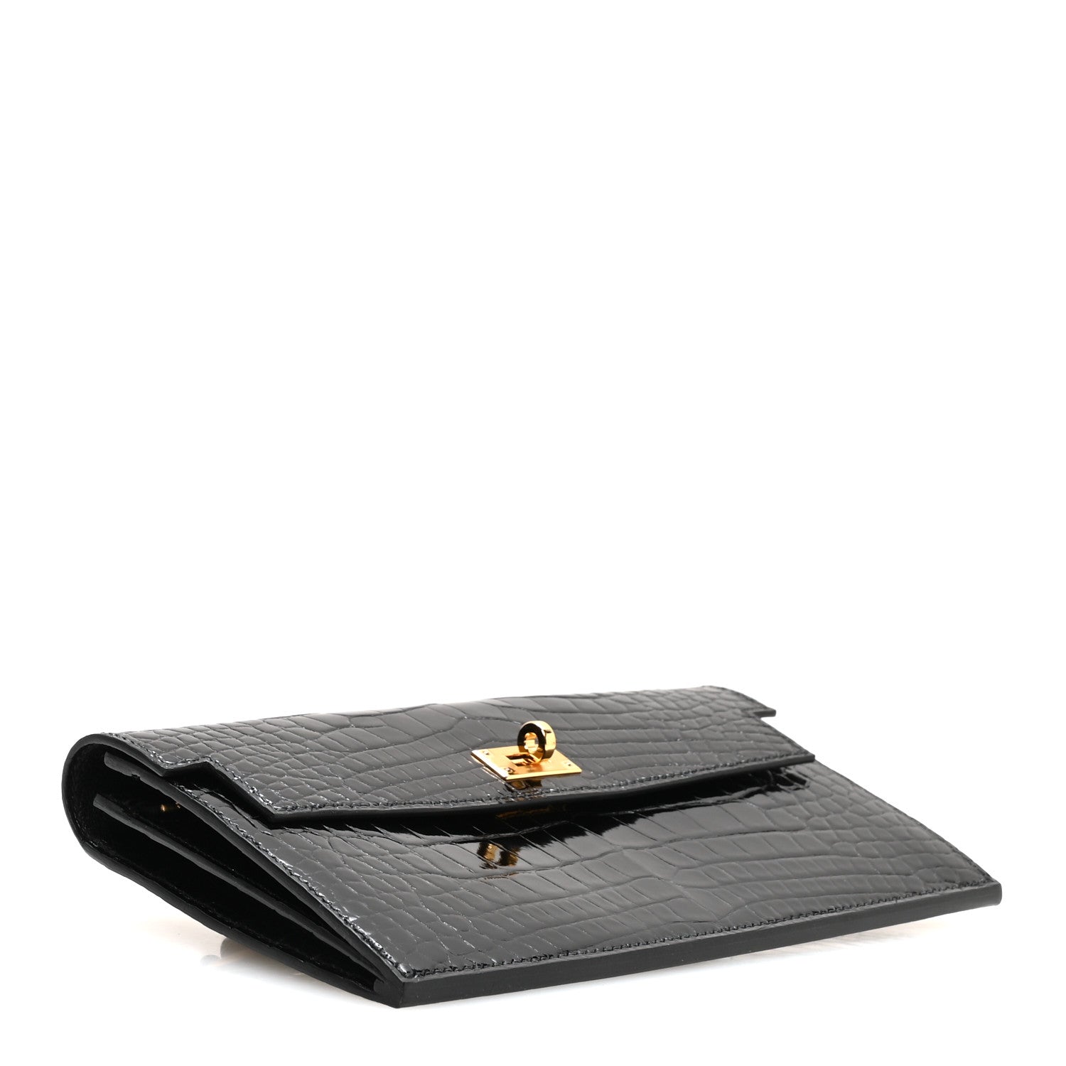 Shiny Alligator Kelly Pocket Long Wallet Black — view 4