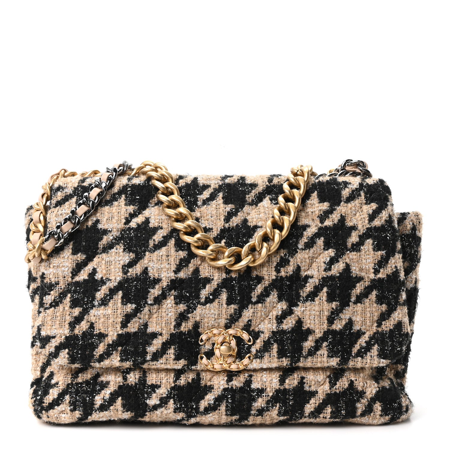 Tweed Maxi Chanel 19 Flap Beige Black