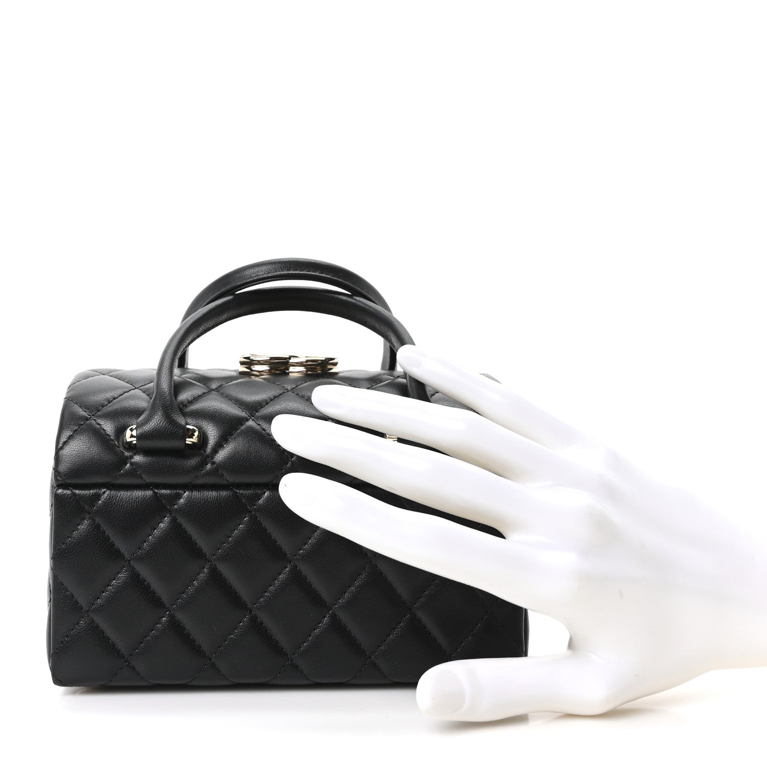 Shiny Lambskin Quilted Top Handle Jewelry Box Bag Black — view 2