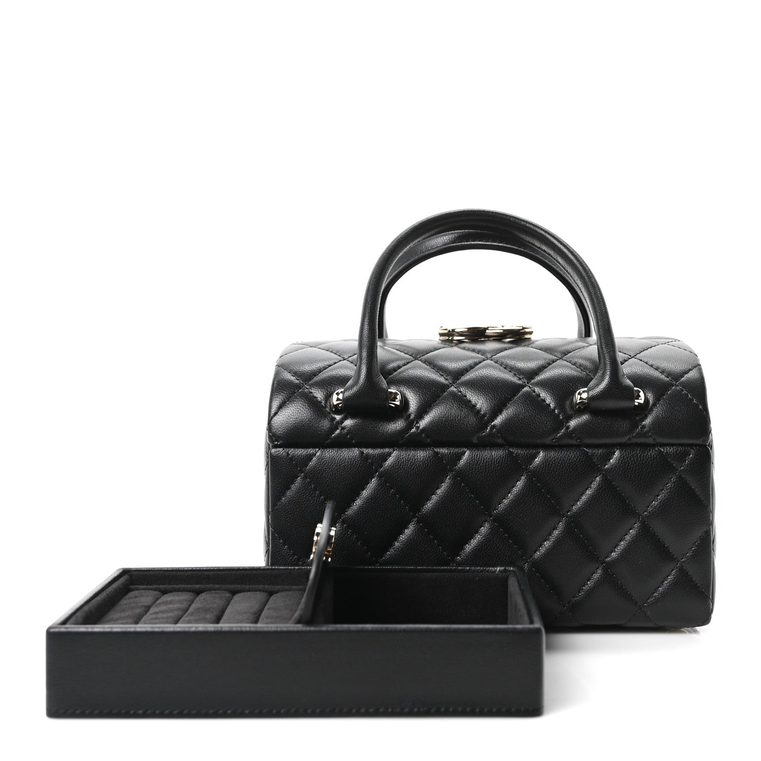 Shiny Lambskin Quilted Top Handle Jewelry Box Bag Black — view 3