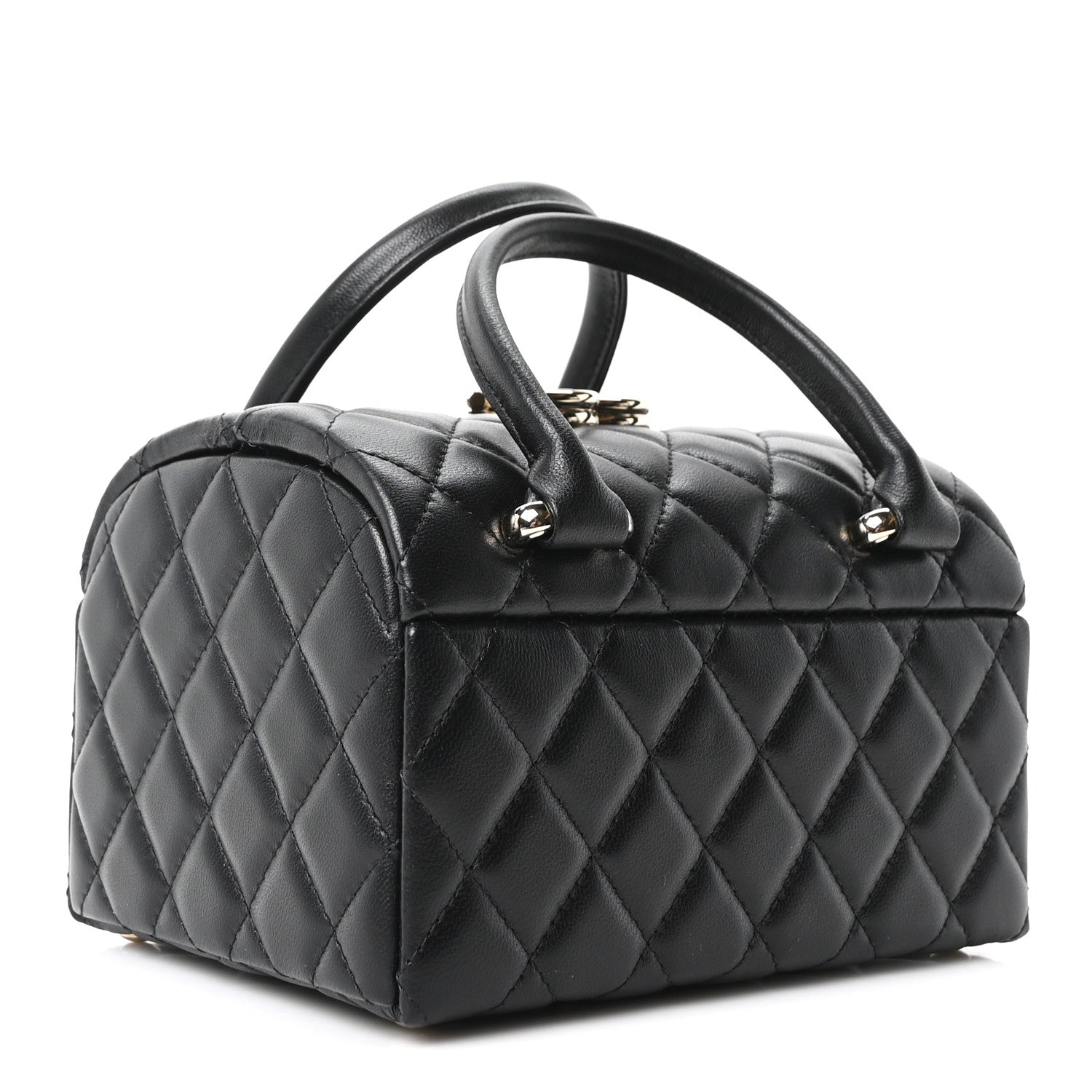 Shiny Lambskin Quilted Top Handle Jewelry Box Bag Black — view 4