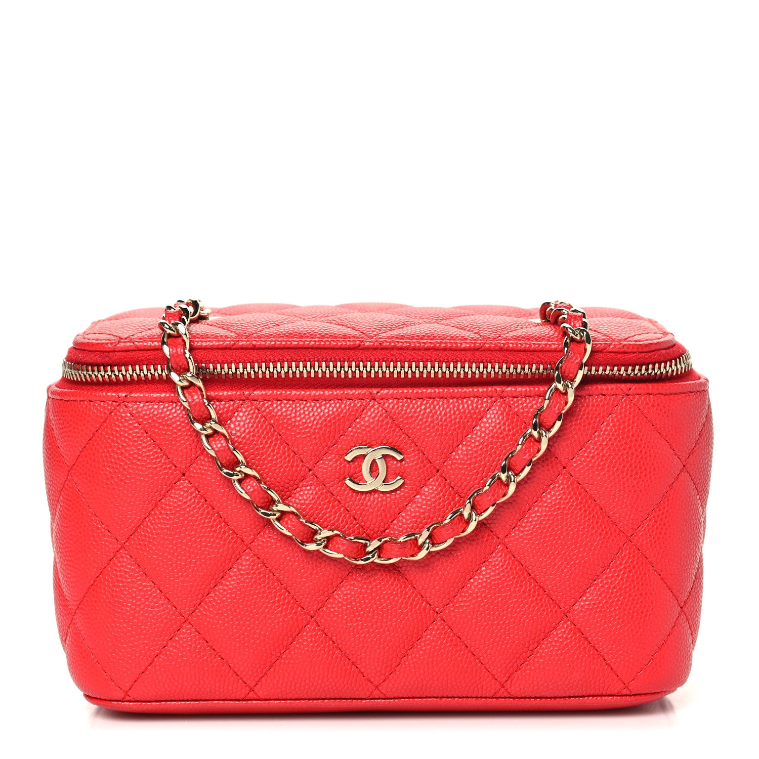 Caviar Quilted Small Vanity Case With Chain Red