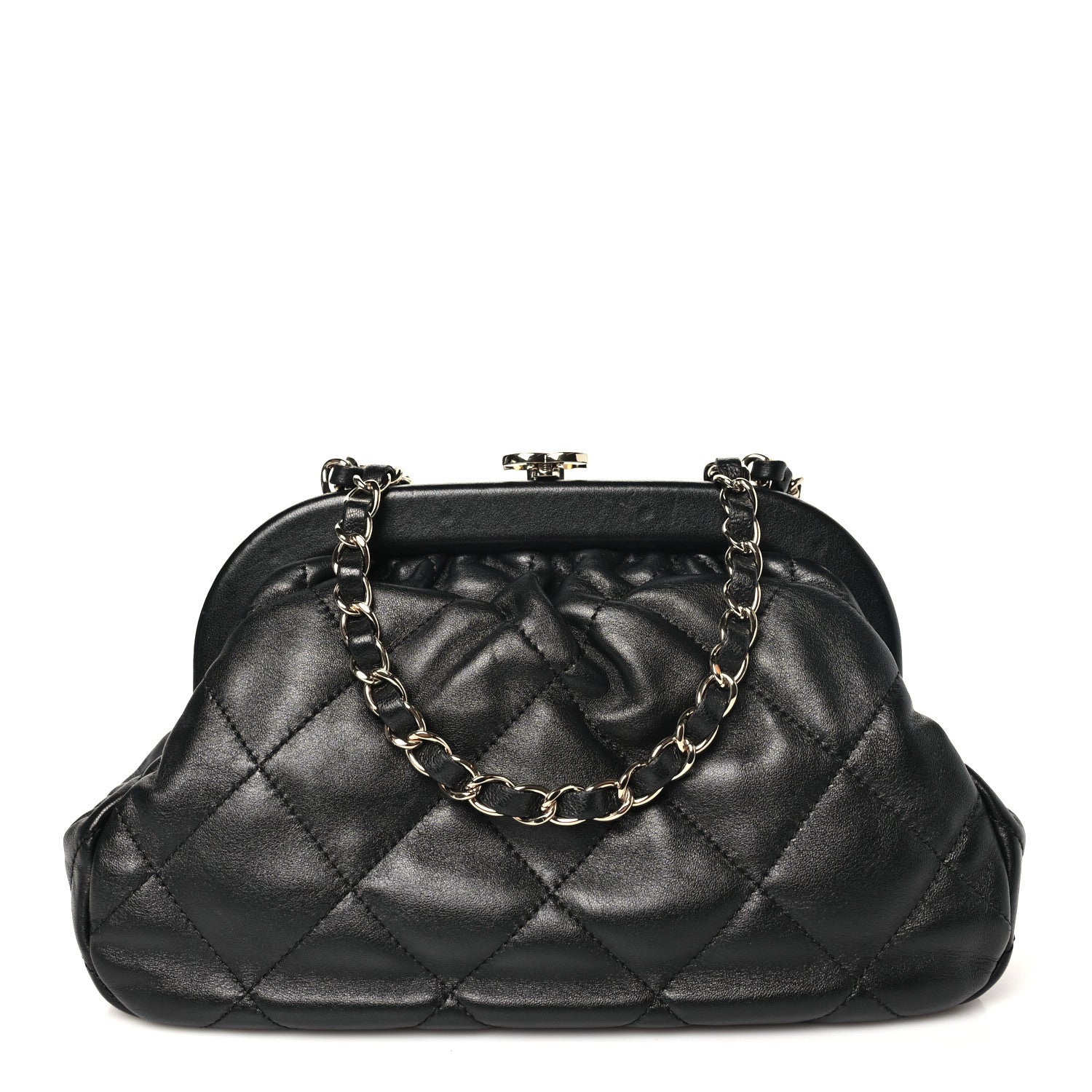 Lambskin Quilted CC Kisslock Clutch Black