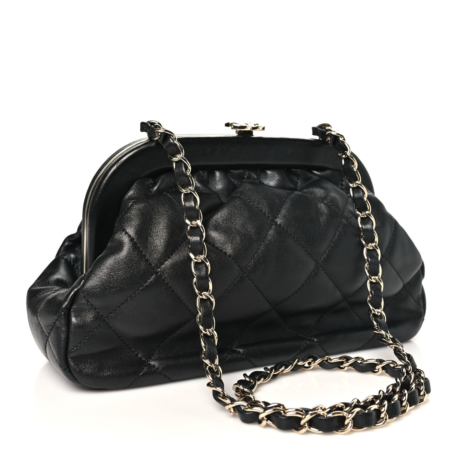 Lambskin Quilted CC Kisslock Clutch Black — view 3
