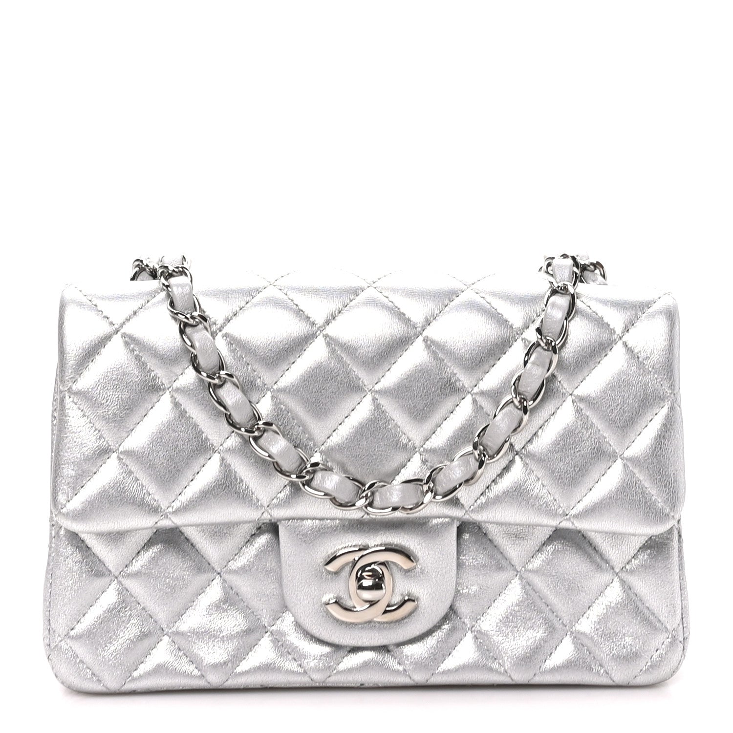 Metallic Lambskin Quilted Mini Rectangular Flap Silver