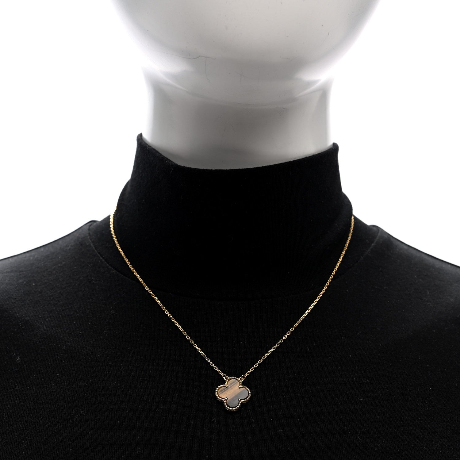 18K Yellow Gold Tiger Eye Vintage Alhambra Pendant Necklace — view 2