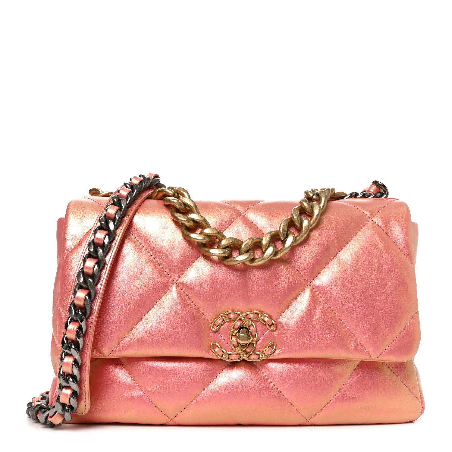 Iridescent Lambskin Quilted Large Chanel 19 Flap Pink — view 1