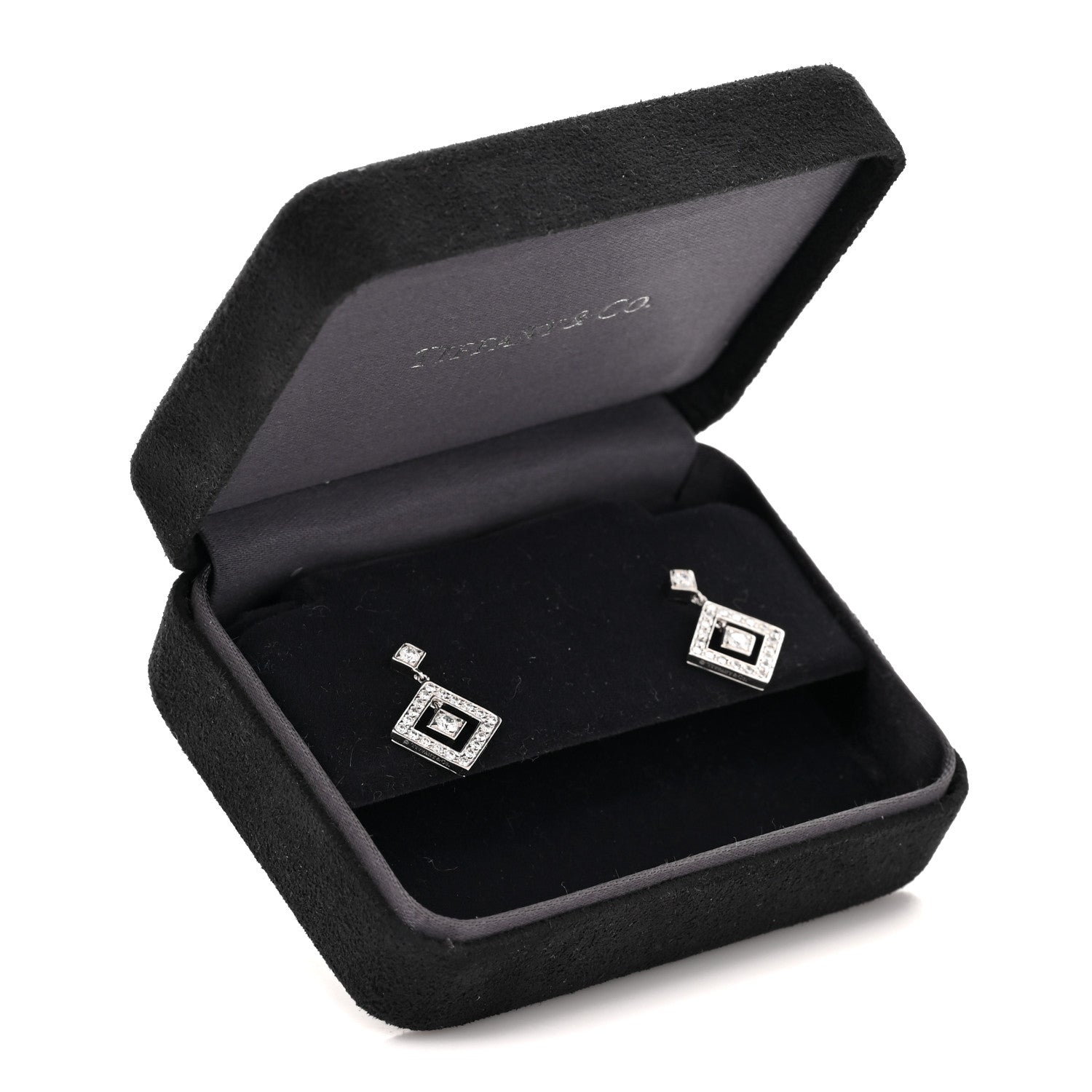 Platinum Diamond Open Square Drop Earrings — view 5