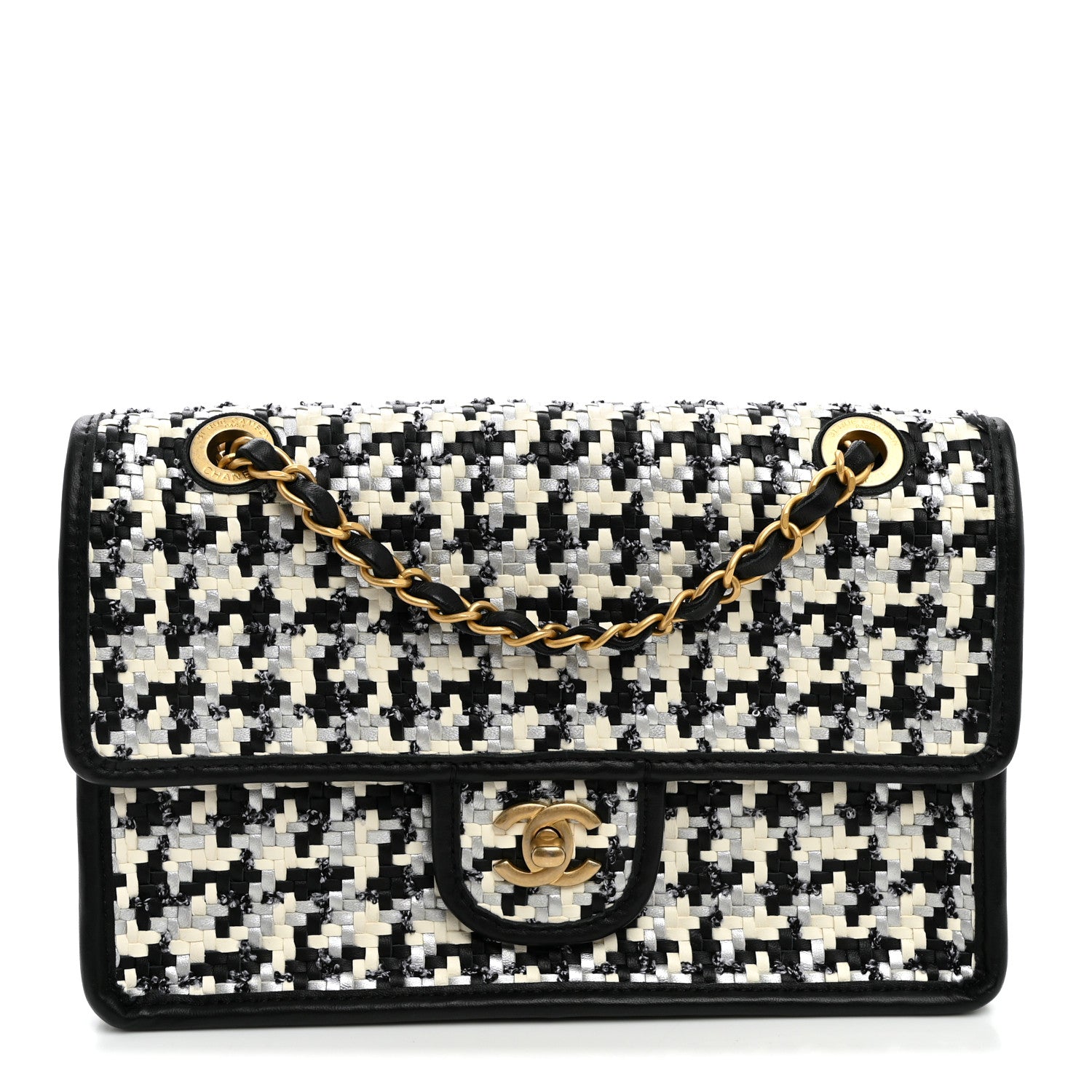 Metallic Lambskin Viscose Woven Flap Silver Black