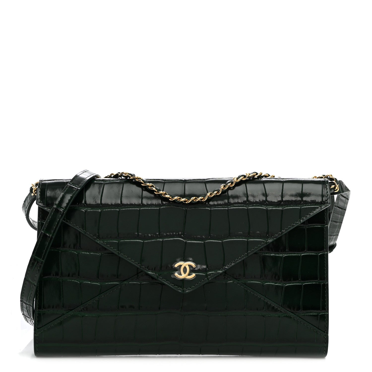 Calfskin Crocodile Embossed Envelope Clutch With Chain Emerald
