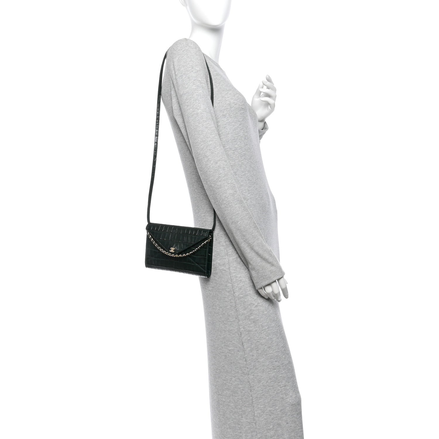 Calfskin Crocodile Embossed Envelope Clutch With Chain Emerald — view 2