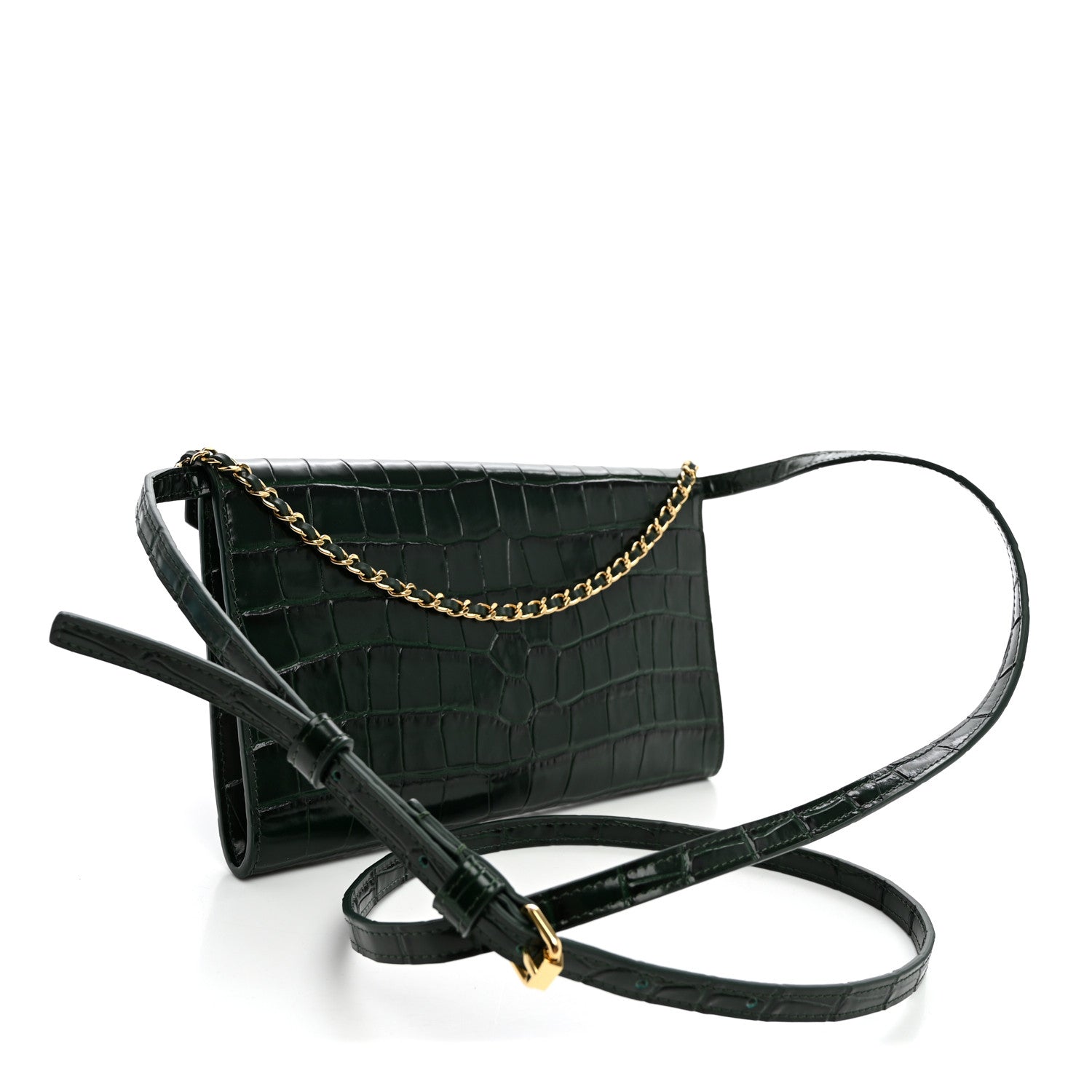 Calfskin Crocodile Embossed Envelope Clutch With Chain Emerald — view 3
