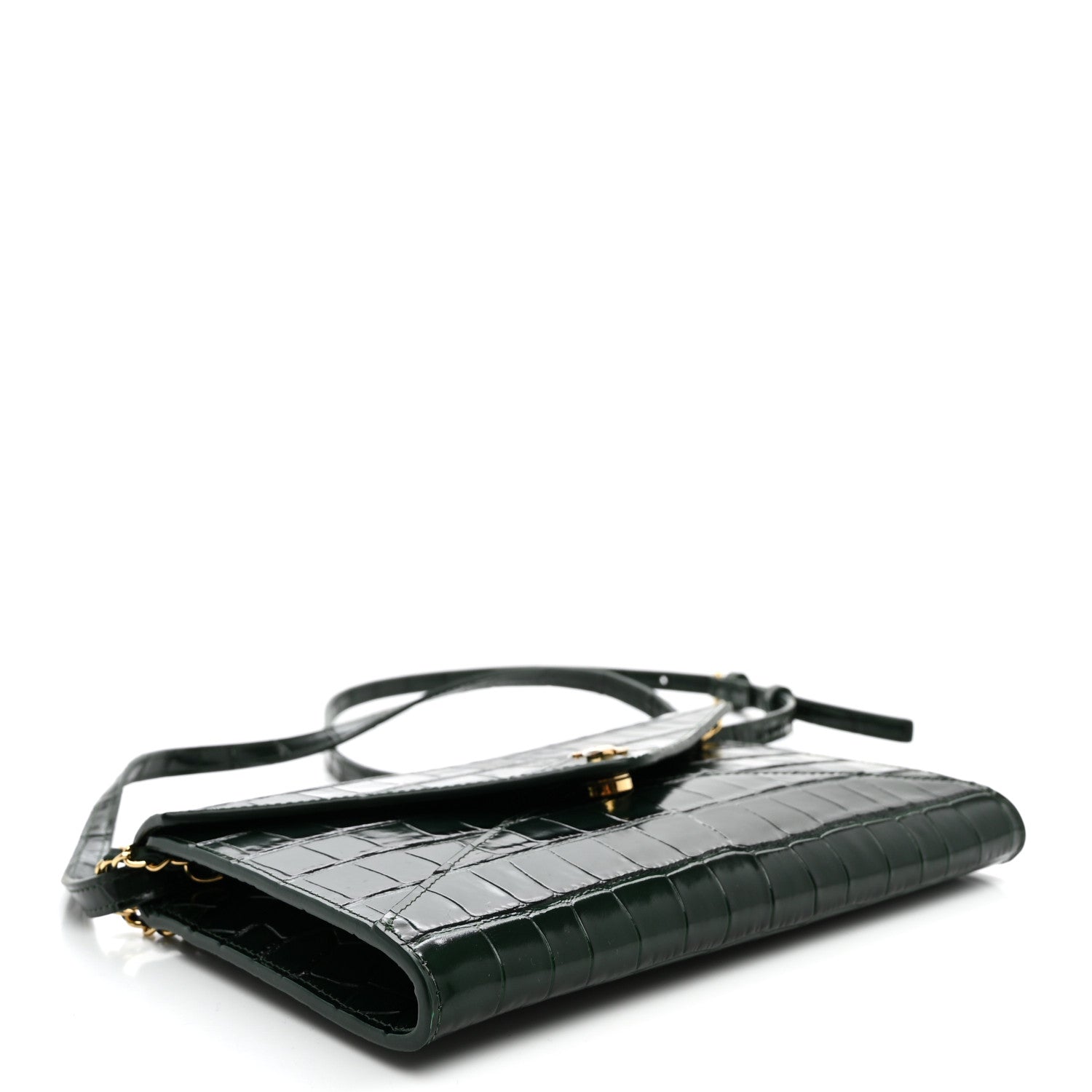 Calfskin Crocodile Embossed Envelope Clutch With Chain Emerald — view 4