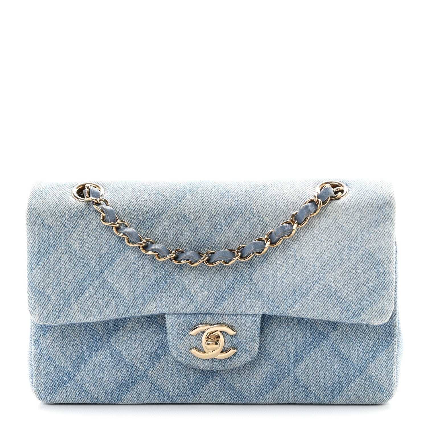 Printed Denim Quilted Small Double Flap Light Blue