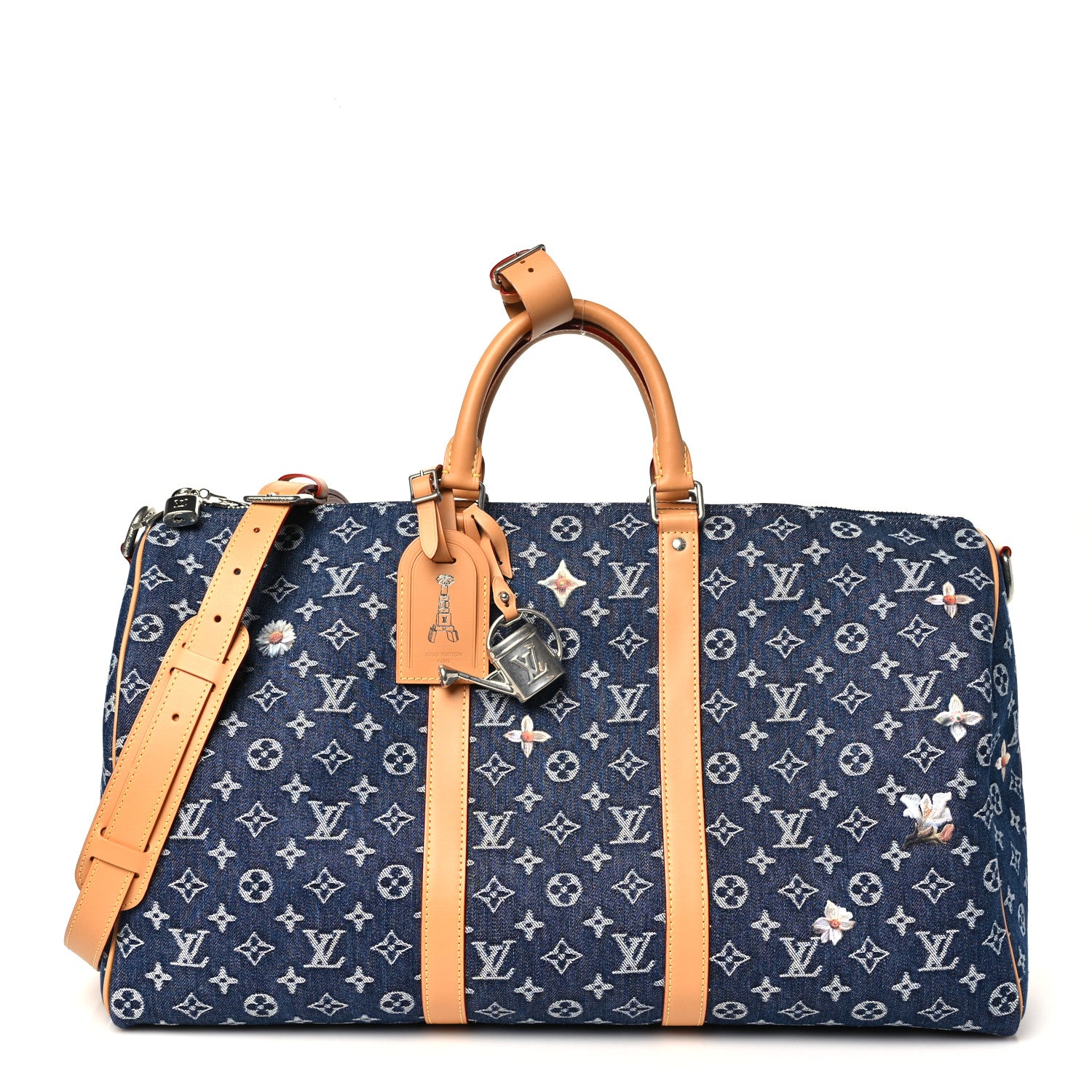Denim Monogram Flowers Keepall Bandouliere 50 Blue