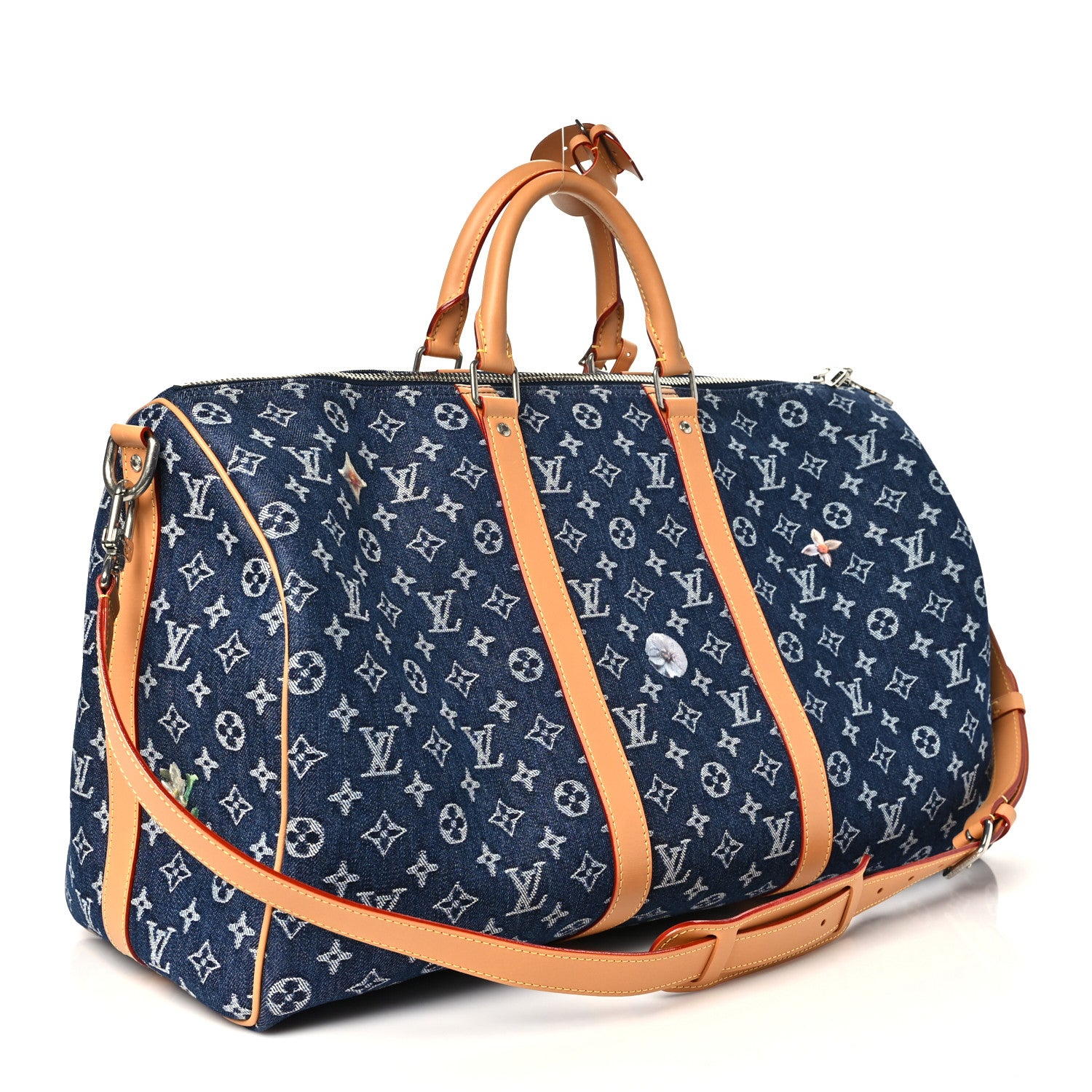 Denim Monogram Flowers Keepall Bandouliere 50 Blue — view 2