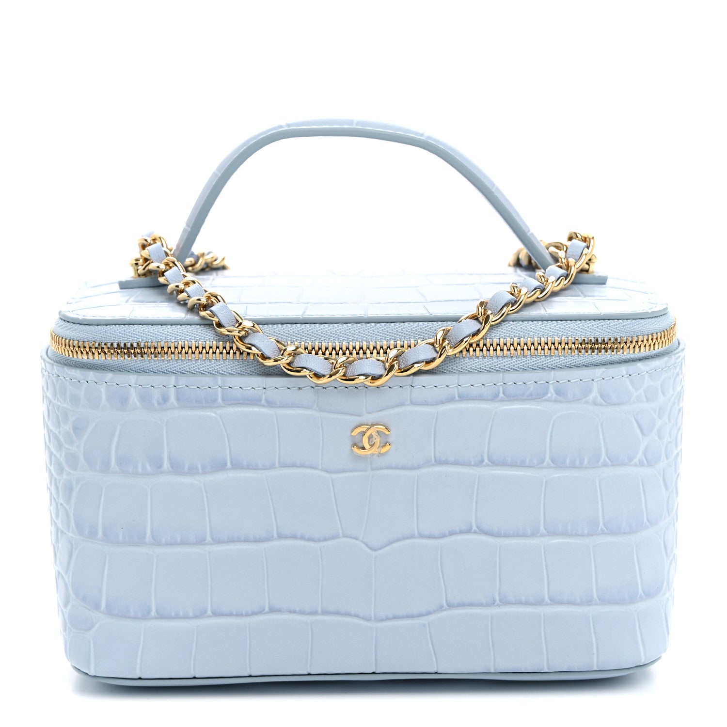 Calfskin Crocodile Embossed Crococo Small Top Handle Vanity Case With Chain Light Blue