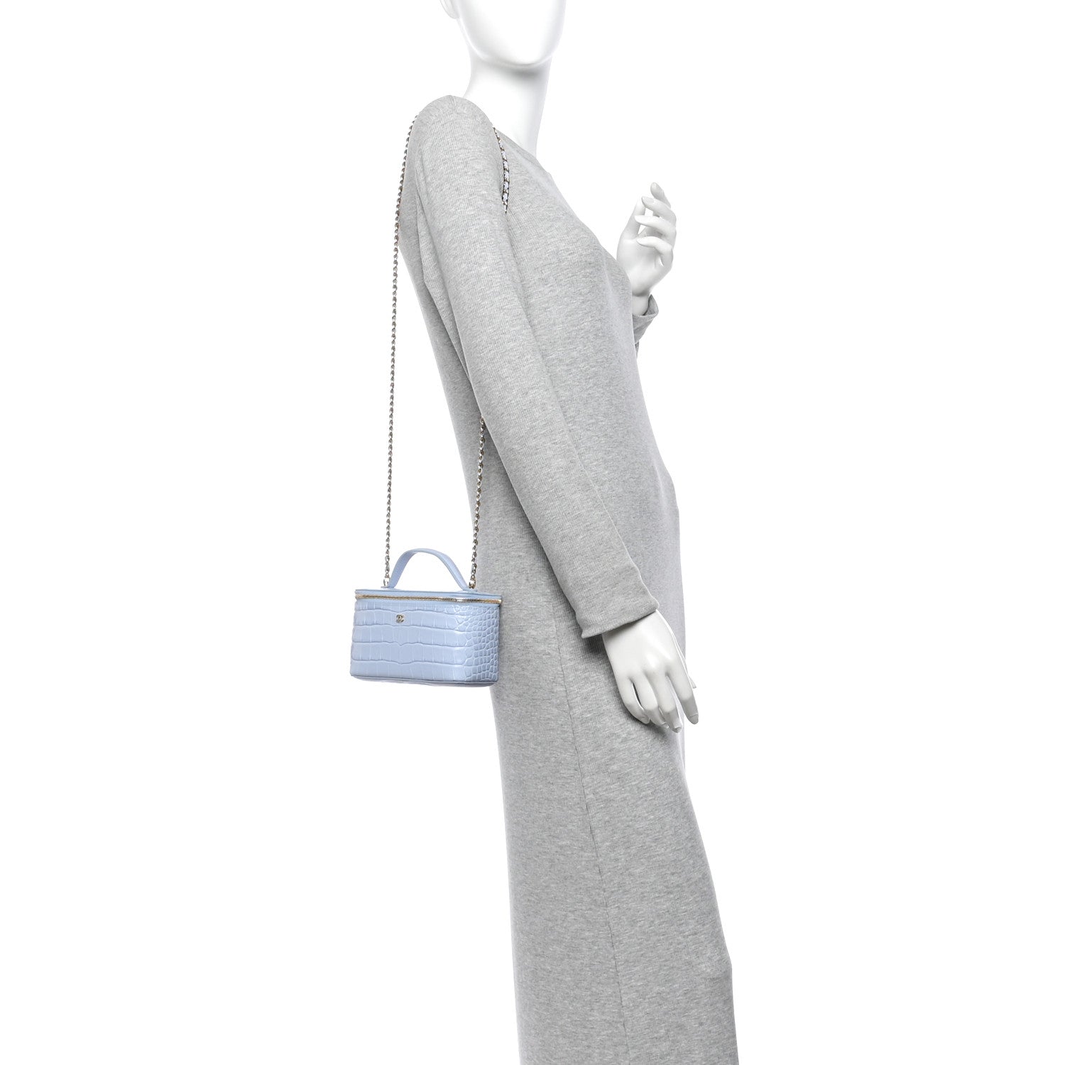 Calfskin Crocodile Embossed Crococo Small Top Handle Vanity Case With Chain Light Blue — view 2