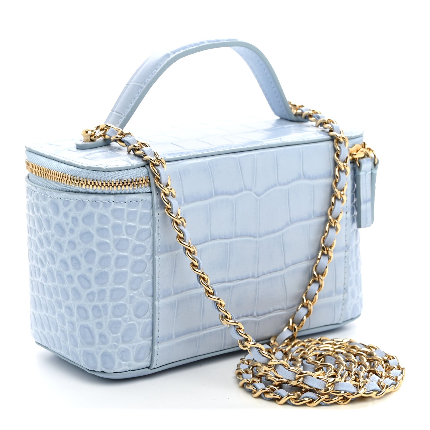 Calfskin Crocodile Embossed Crococo Small Top Handle Vanity Case With Chain Light Blue — view 3