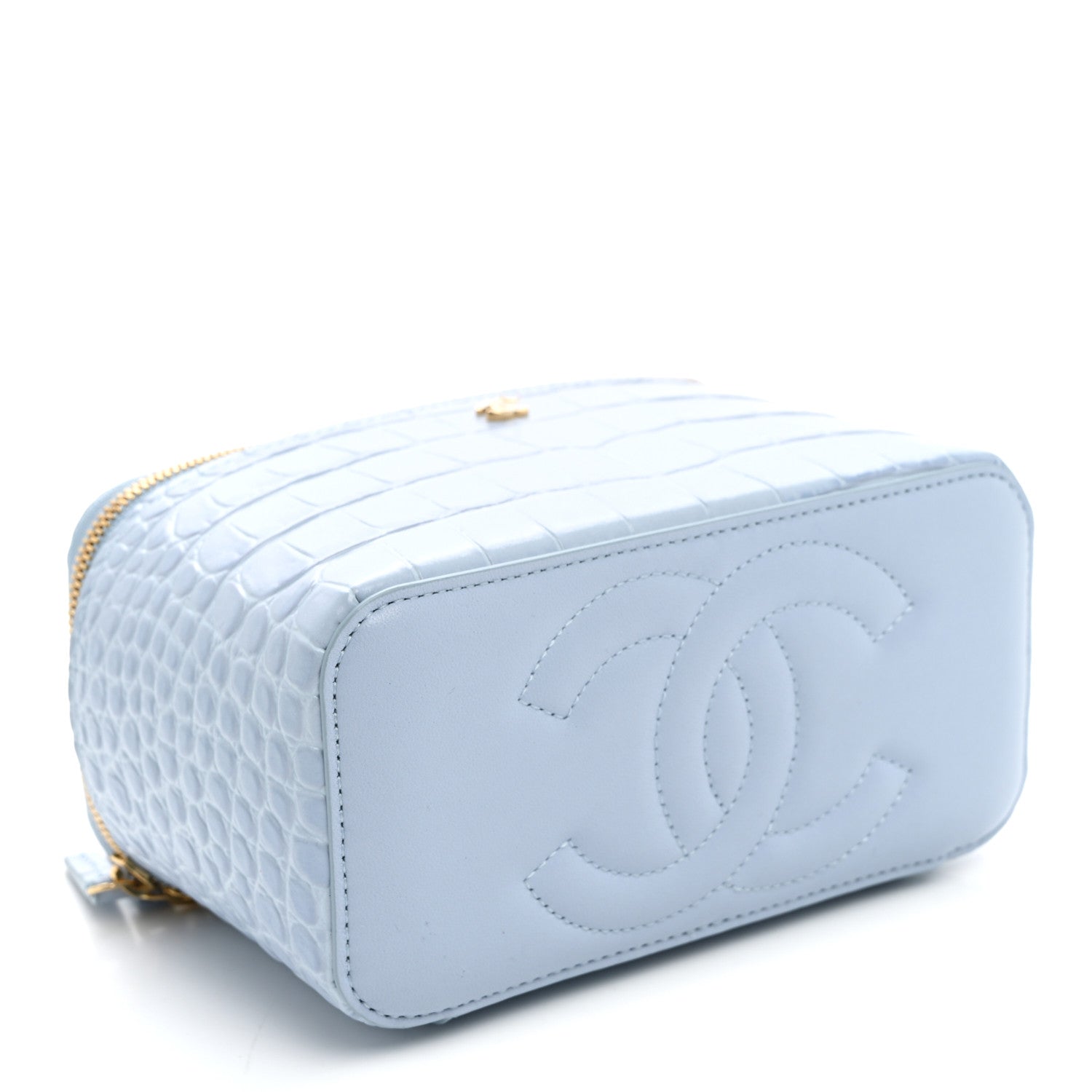 Calfskin Crocodile Embossed Crococo Small Top Handle Vanity Case With Chain Light Blue — view 4