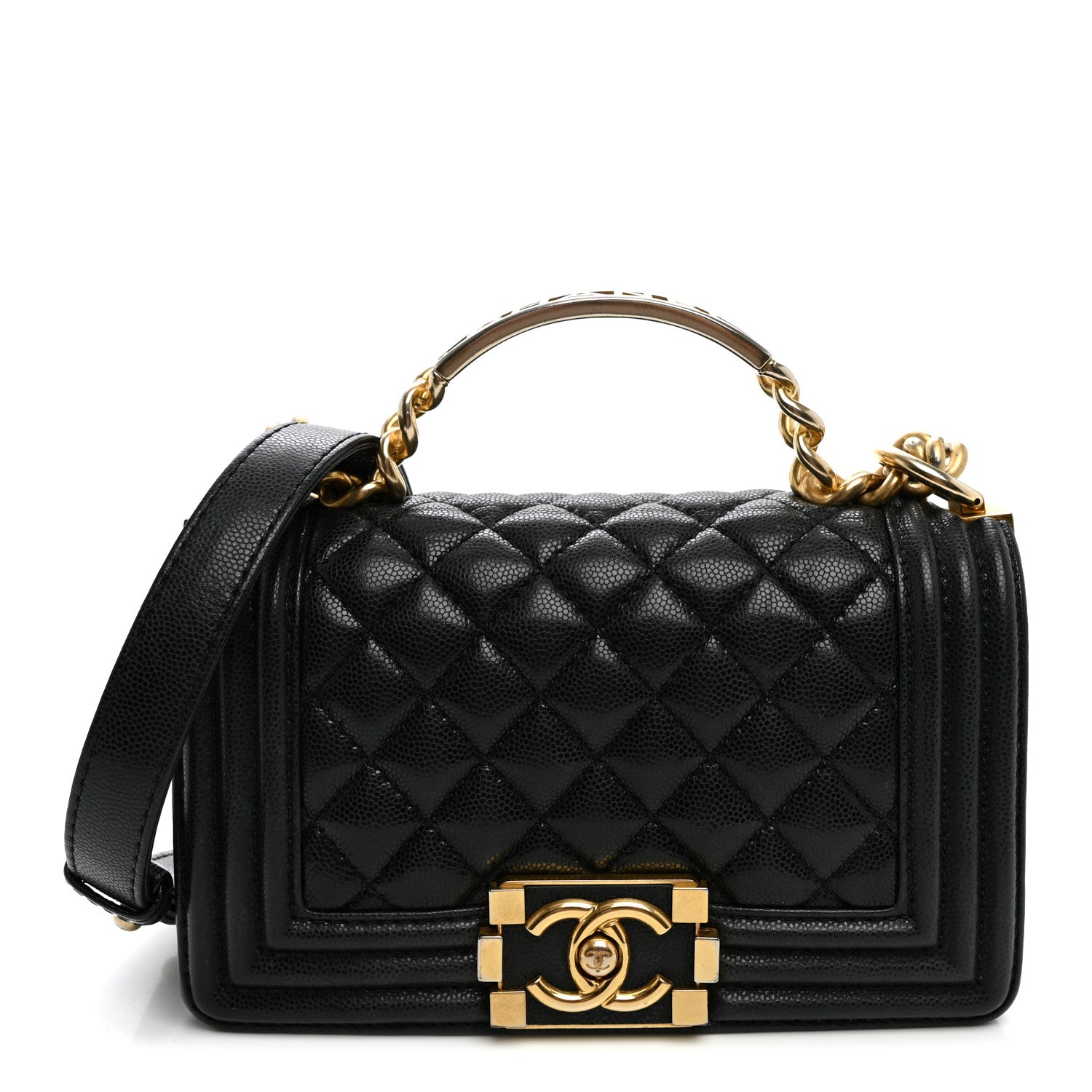 Shiny Caviar Quilted Small Top Handle Boy Flap Black