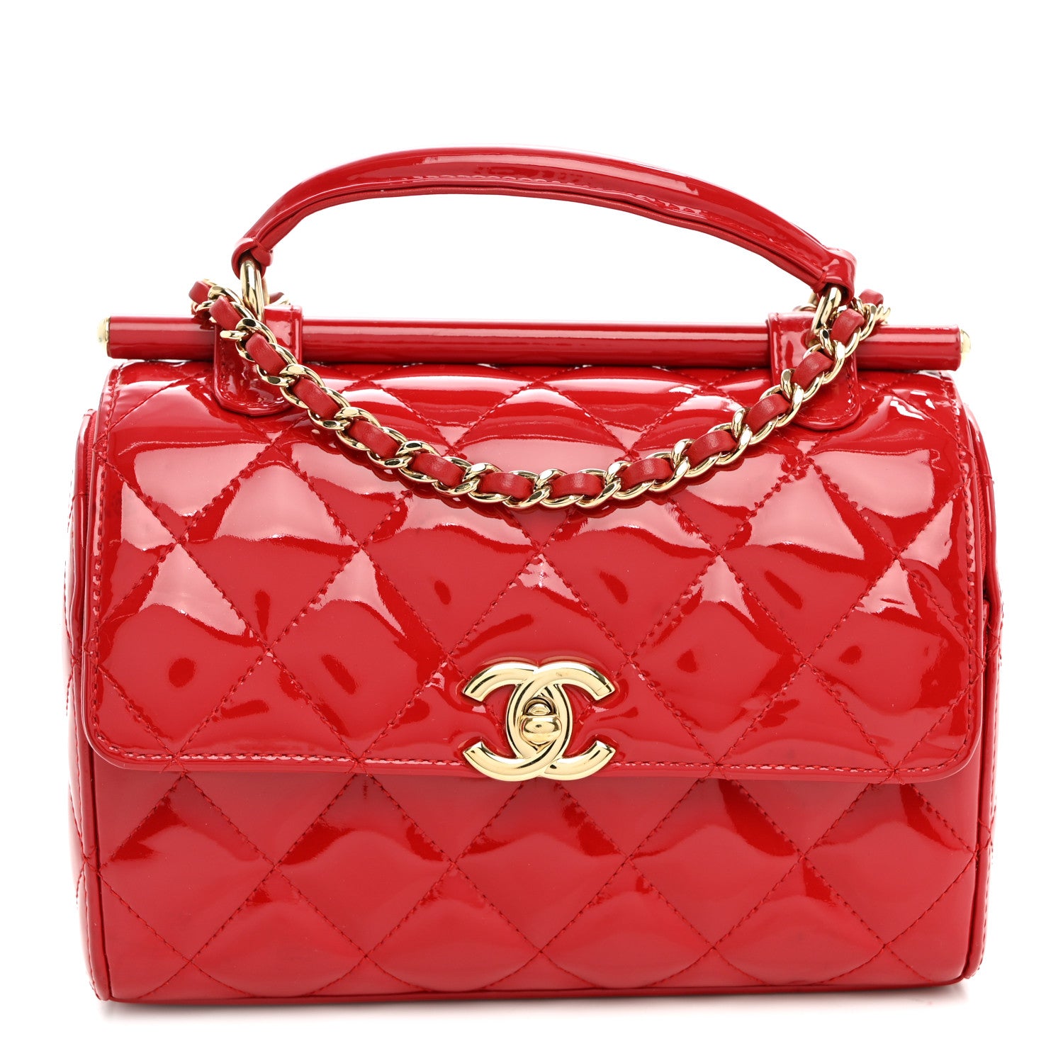 Patent Quilted Small Gold Bar Top Handle Flap  Red