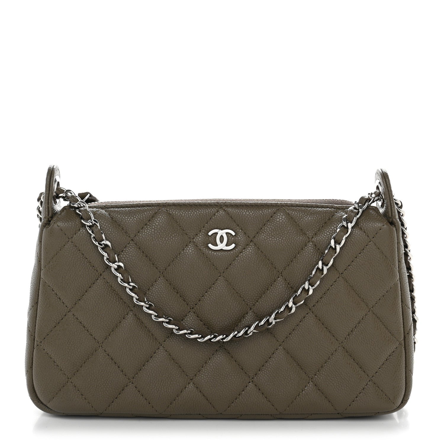 Caviar Quilted Purse With Chain Dark Khaki