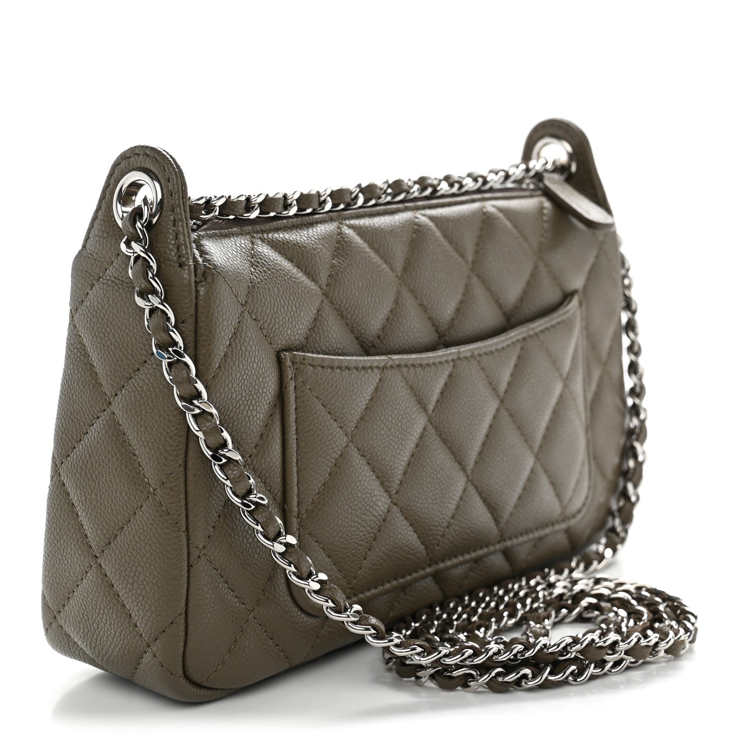 Caviar Quilted Purse With Chain Dark Khaki — view 3