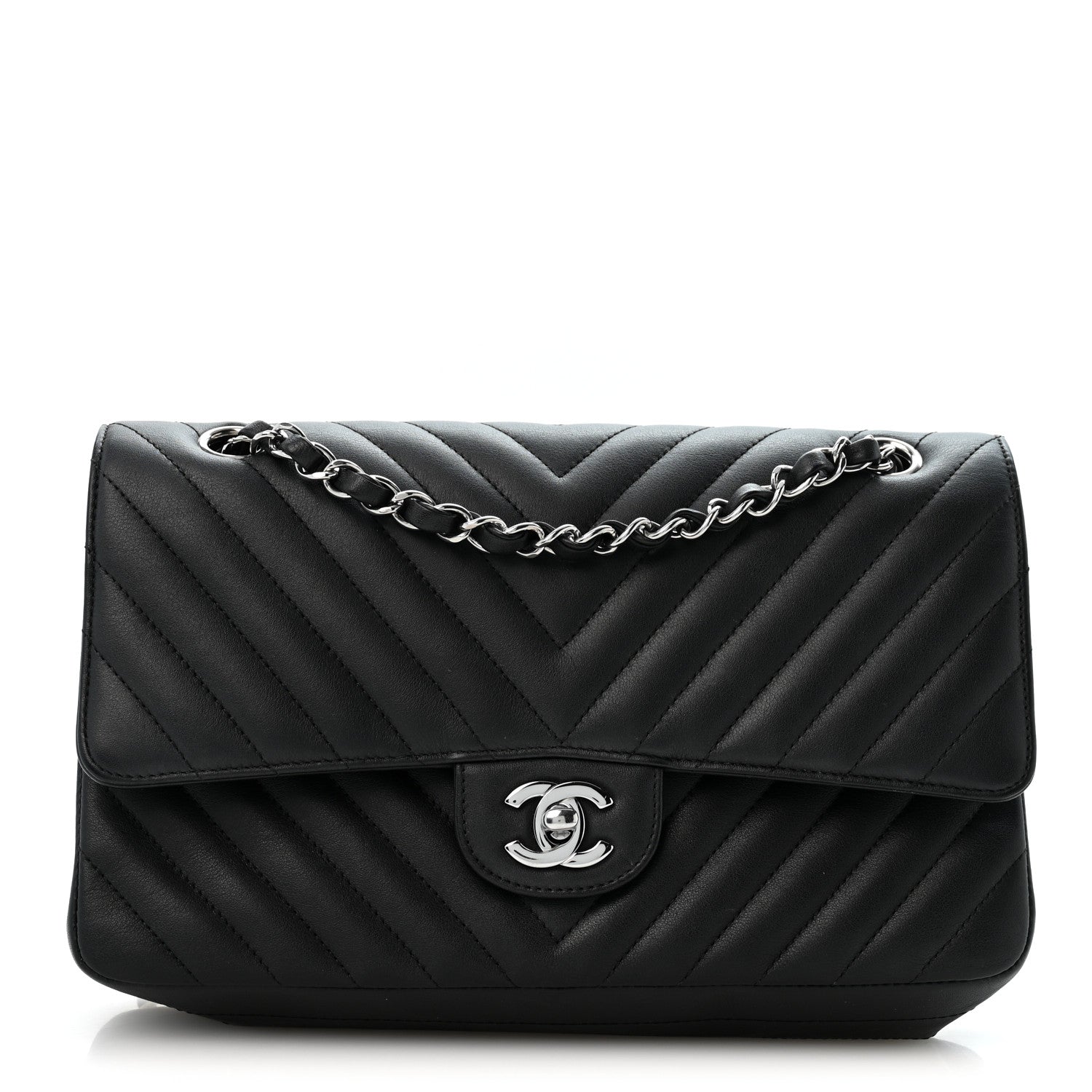 Lambskin Chevron Quilted Medium Double Flap Black