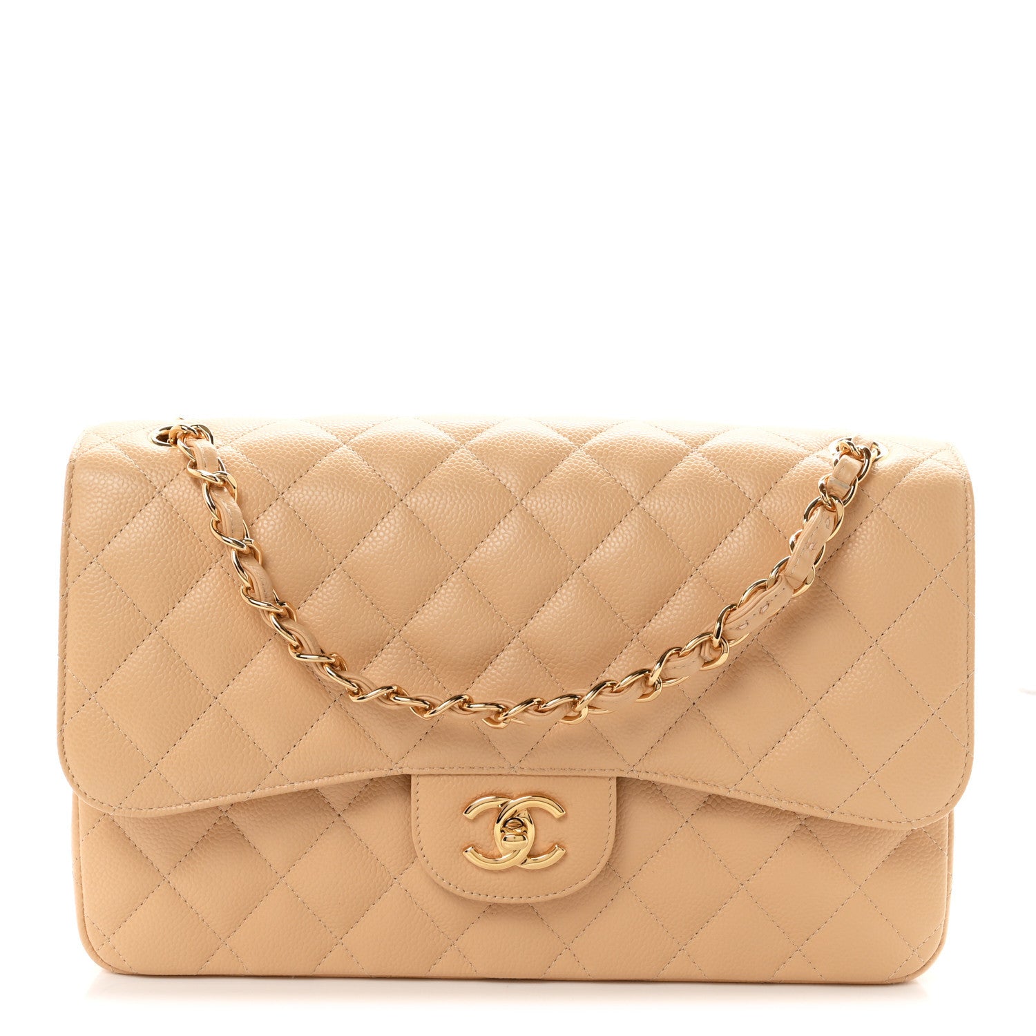 Caviar Quilted Jumbo Double Flap Beige Clair