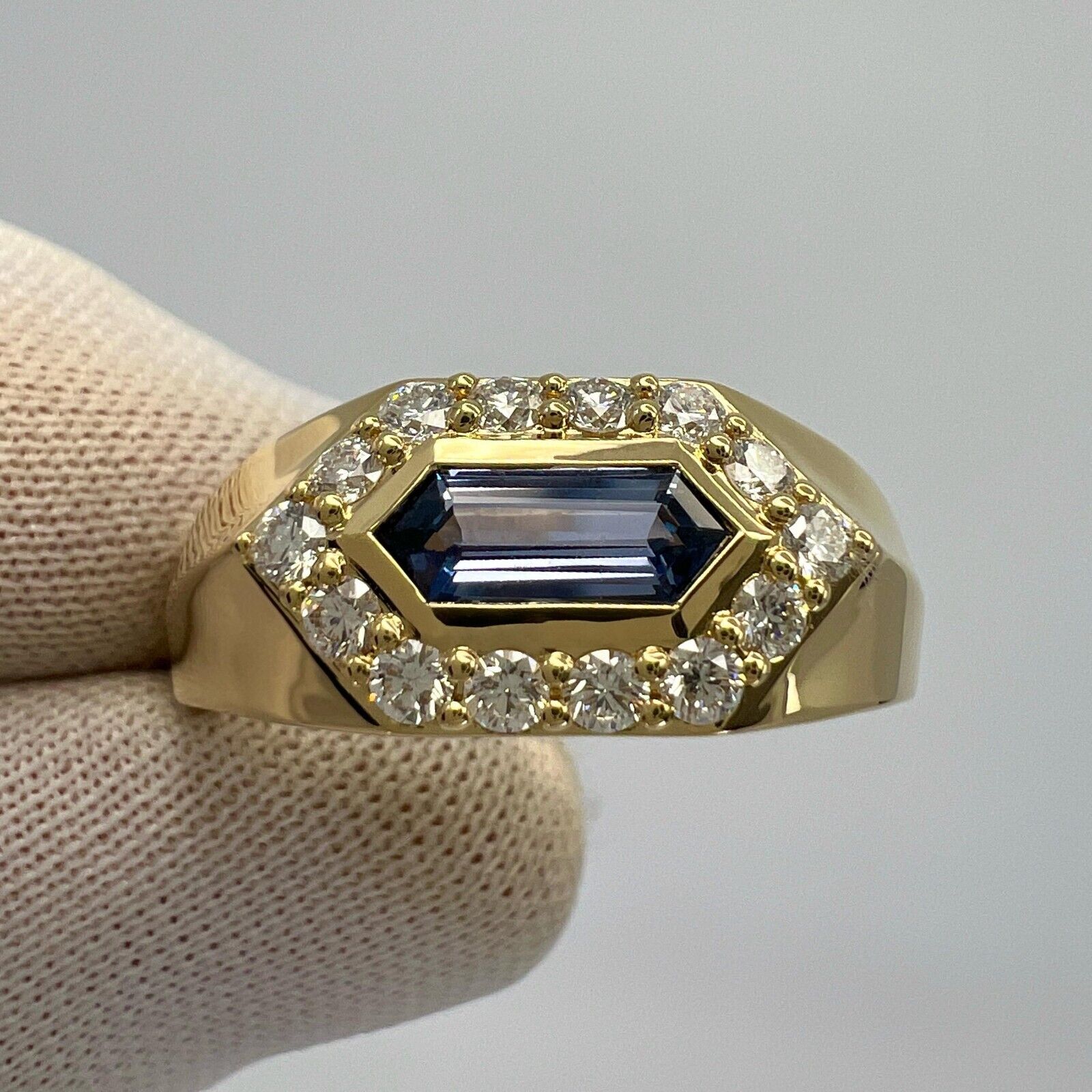 1.03ct Fancy Pentagon Ceylon Blue Sapphire & Diamond 18k Gold Halo Signet Ring — view 2