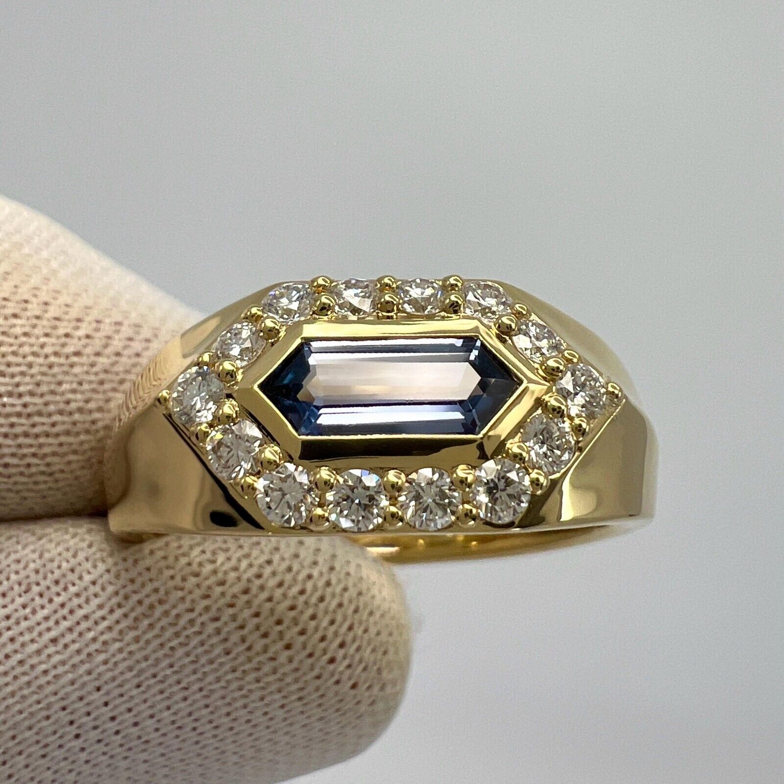 1.03ct Fancy Pentagon Ceylon Blue Sapphire & Diamond 18k Gold Halo Signet Ring — view 3
