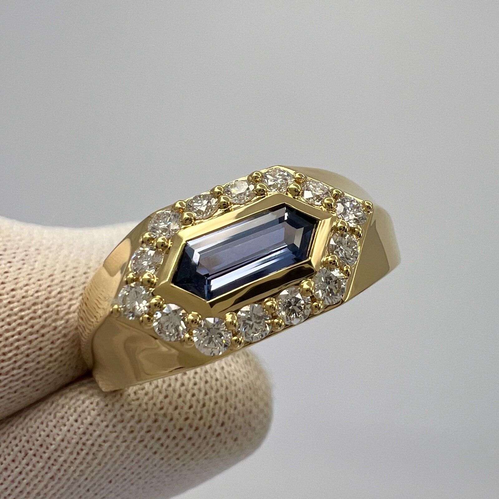 1.03ct Fancy Pentagon Ceylon Blue Sapphire & Diamond 18k Gold Halo Signet Ring — view 4