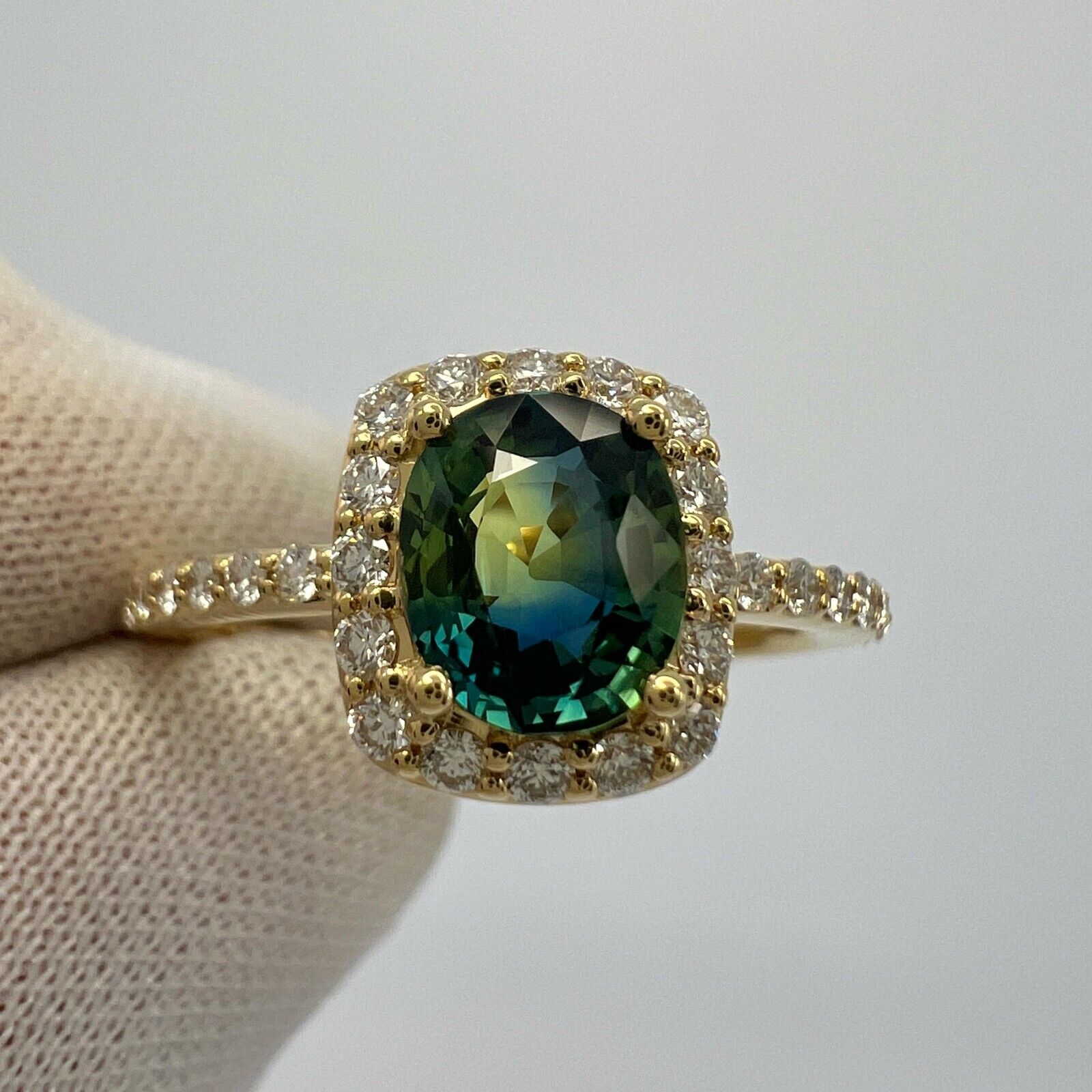 Certified 1.43ct Parti Colour Blue Yellow Sapphire & Diamond 18k Gold Halo Ring — view 2