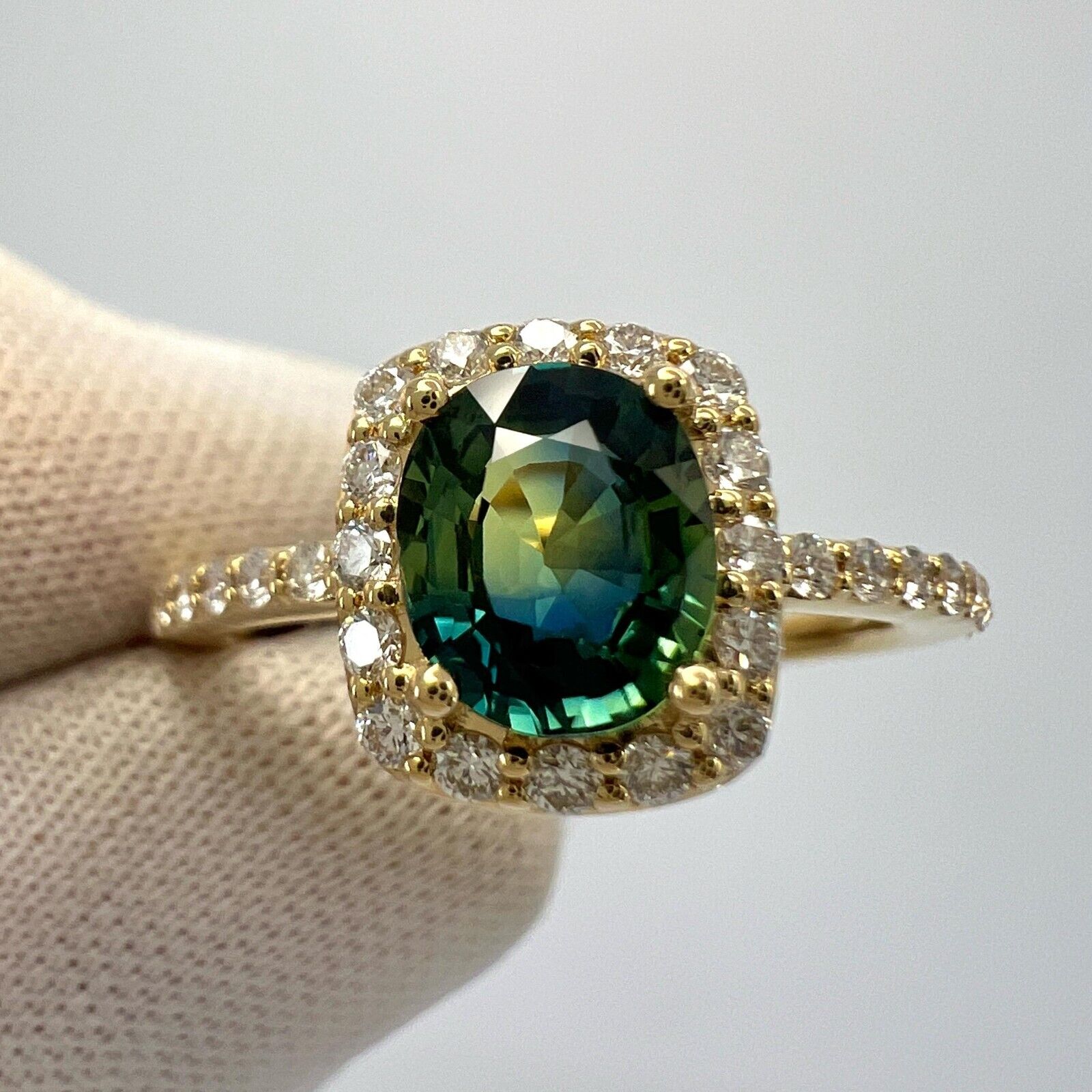 Certified 1.43ct Parti Colour Blue Yellow Sapphire & Diamond 18k Gold Halo Ring — view 4