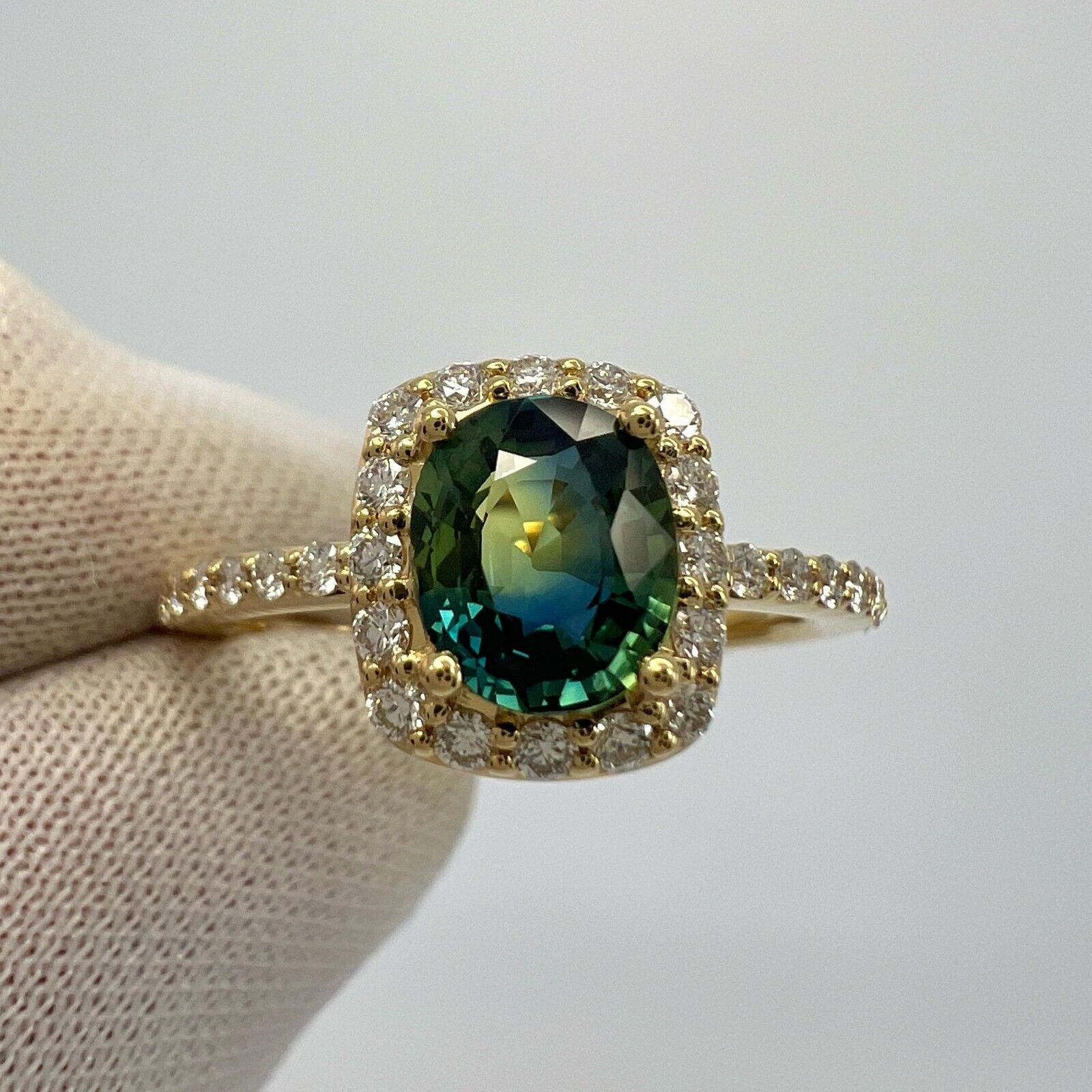 Certified 1.43ct Parti Colour Blue Yellow Sapphire & Diamond 18k Gold Halo Ring — view 5
