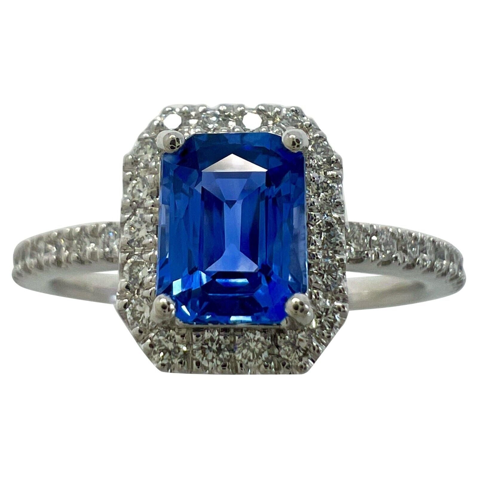 Certified Octagon Violet Blue Ceylon Sapphire & Diamond 18k White Gold Halo Ring — view 1