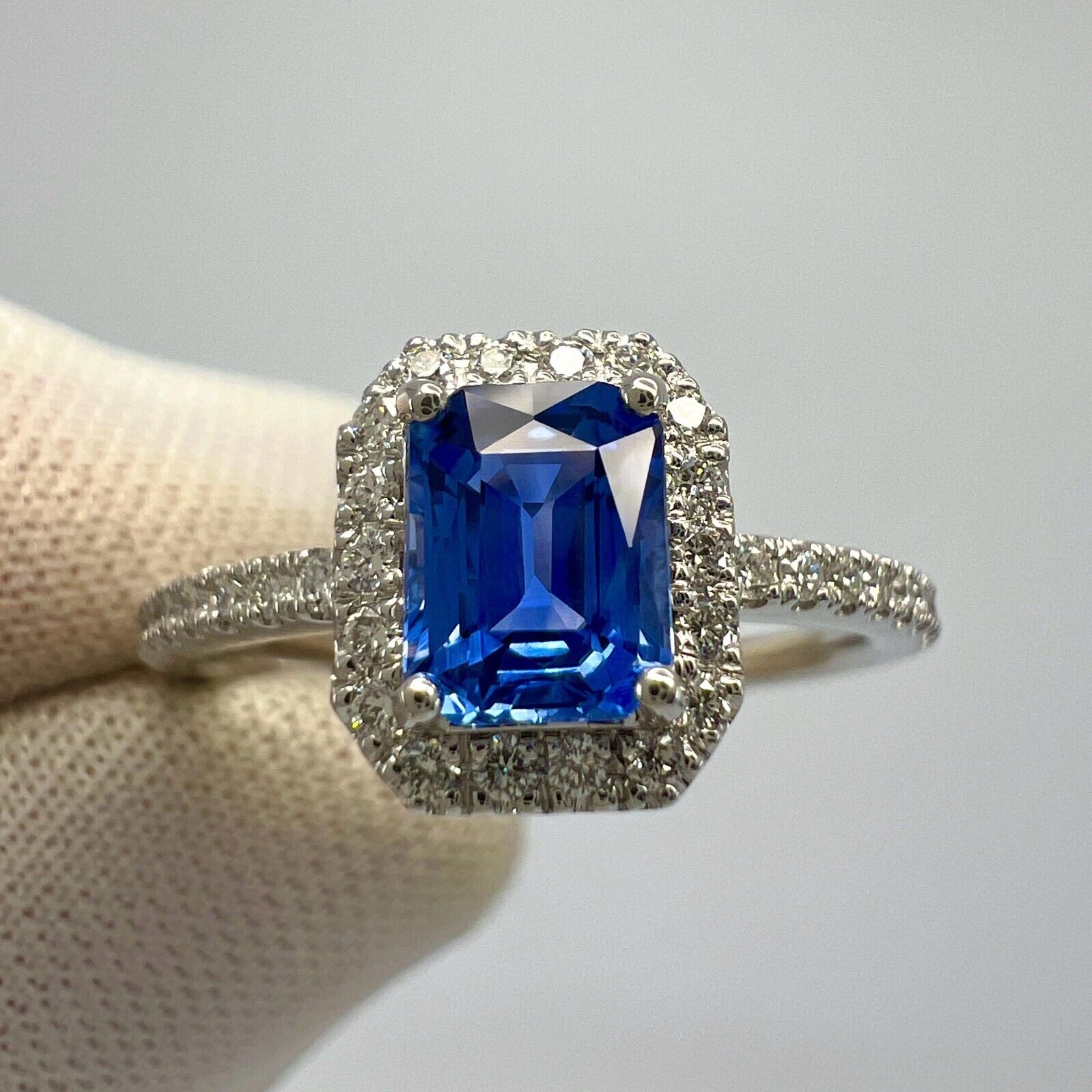 Certified Octagon Violet Blue Ceylon Sapphire & Diamond 18k White Gold Halo Ring — view 2