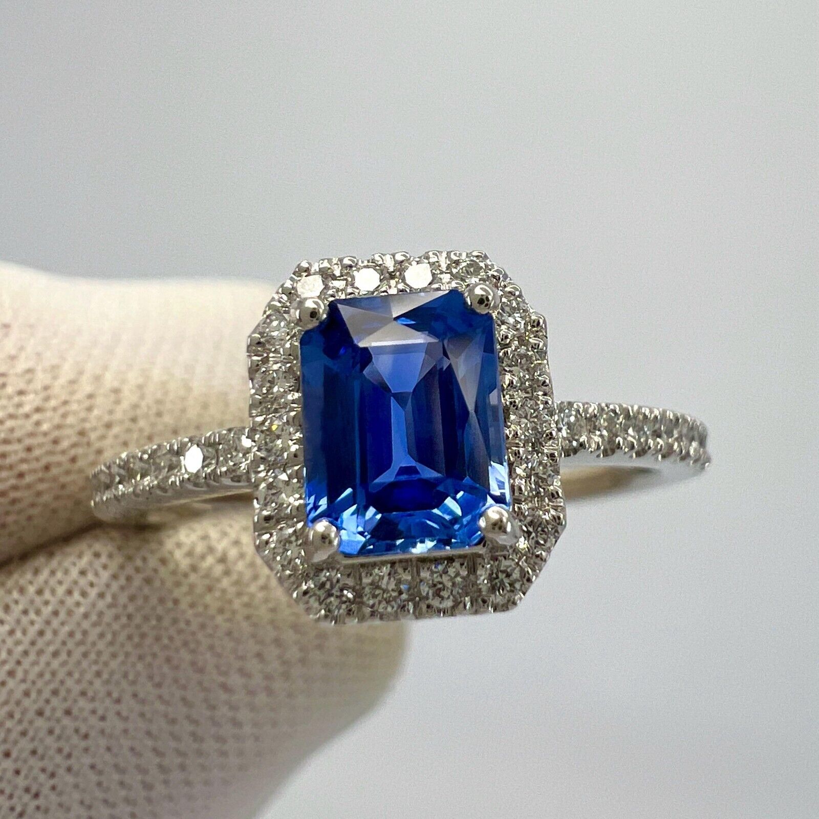 Certified Octagon Violet Blue Ceylon Sapphire & Diamond 18k White Gold Halo Ring — view 4