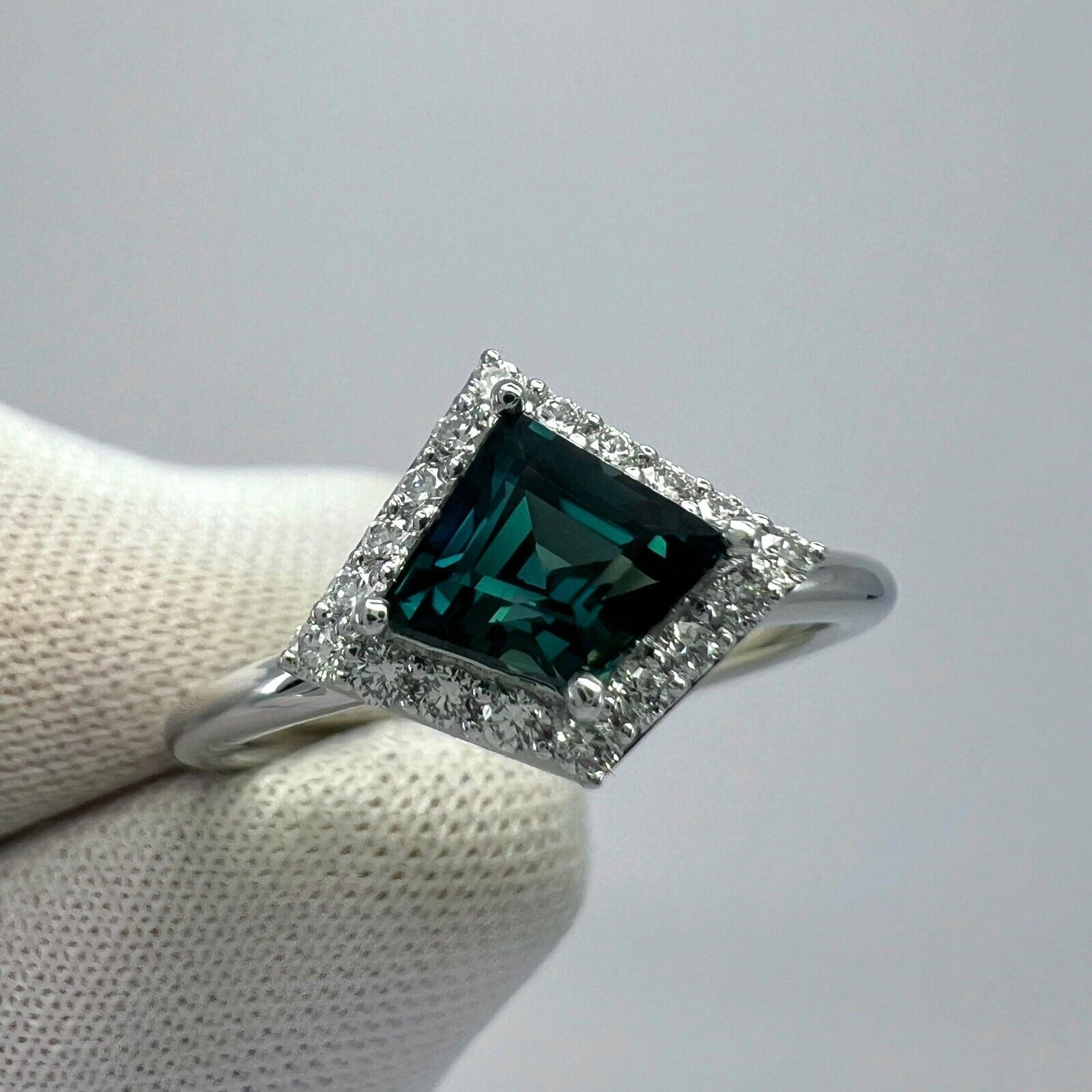 IGI Certified 1.04ct Fancy Kite Blue Sapphire & Diamond 18k White Gold Halo Ring — view 3